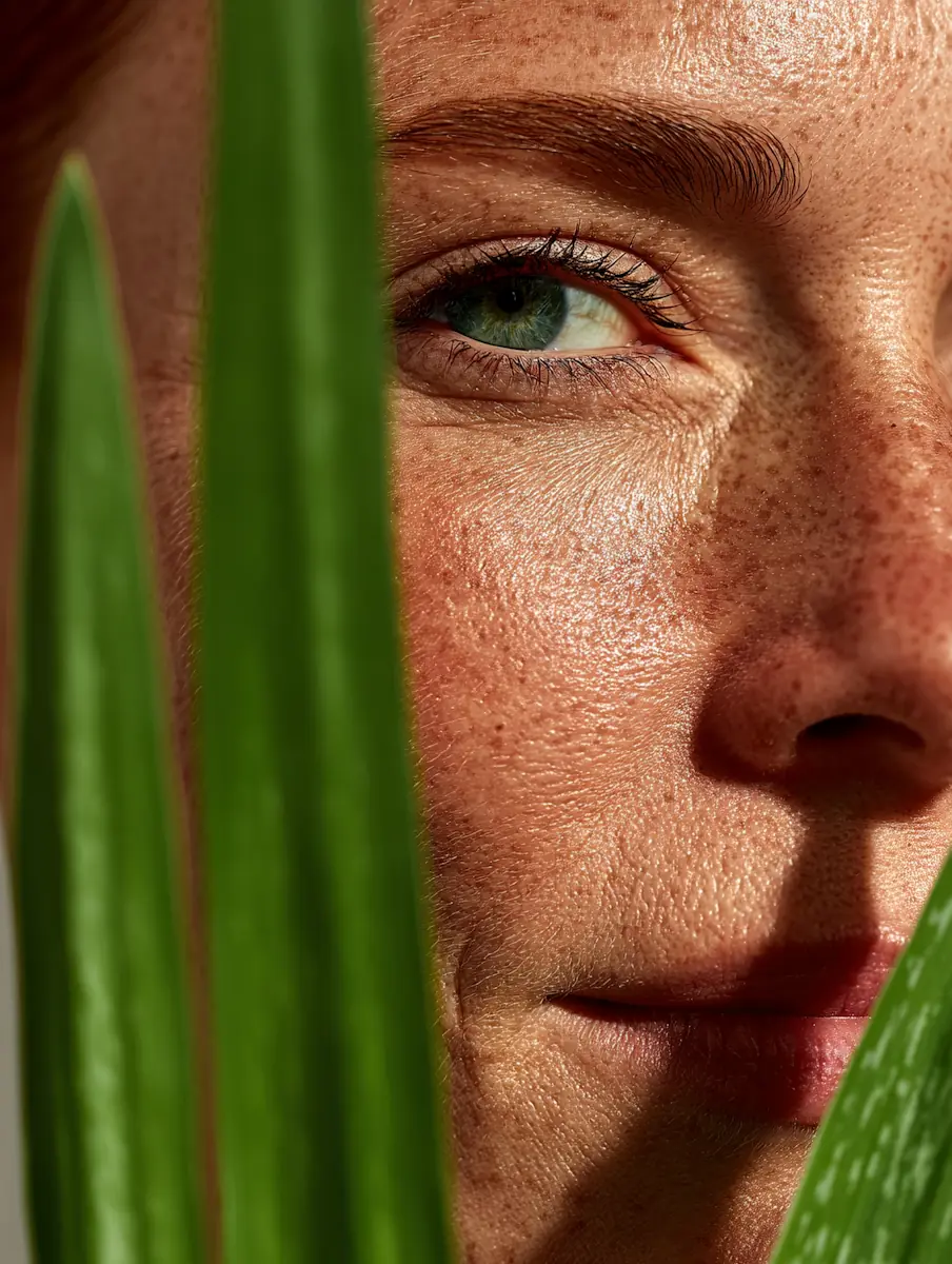 Close-up of a freckled woman’s face partially hidden behind green leaves, highlighting her green eye and textured skin.