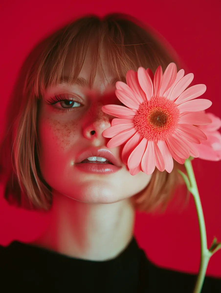 Close-up of a freckled woman with short hair holding a pink daisy covering one eye against a red background.