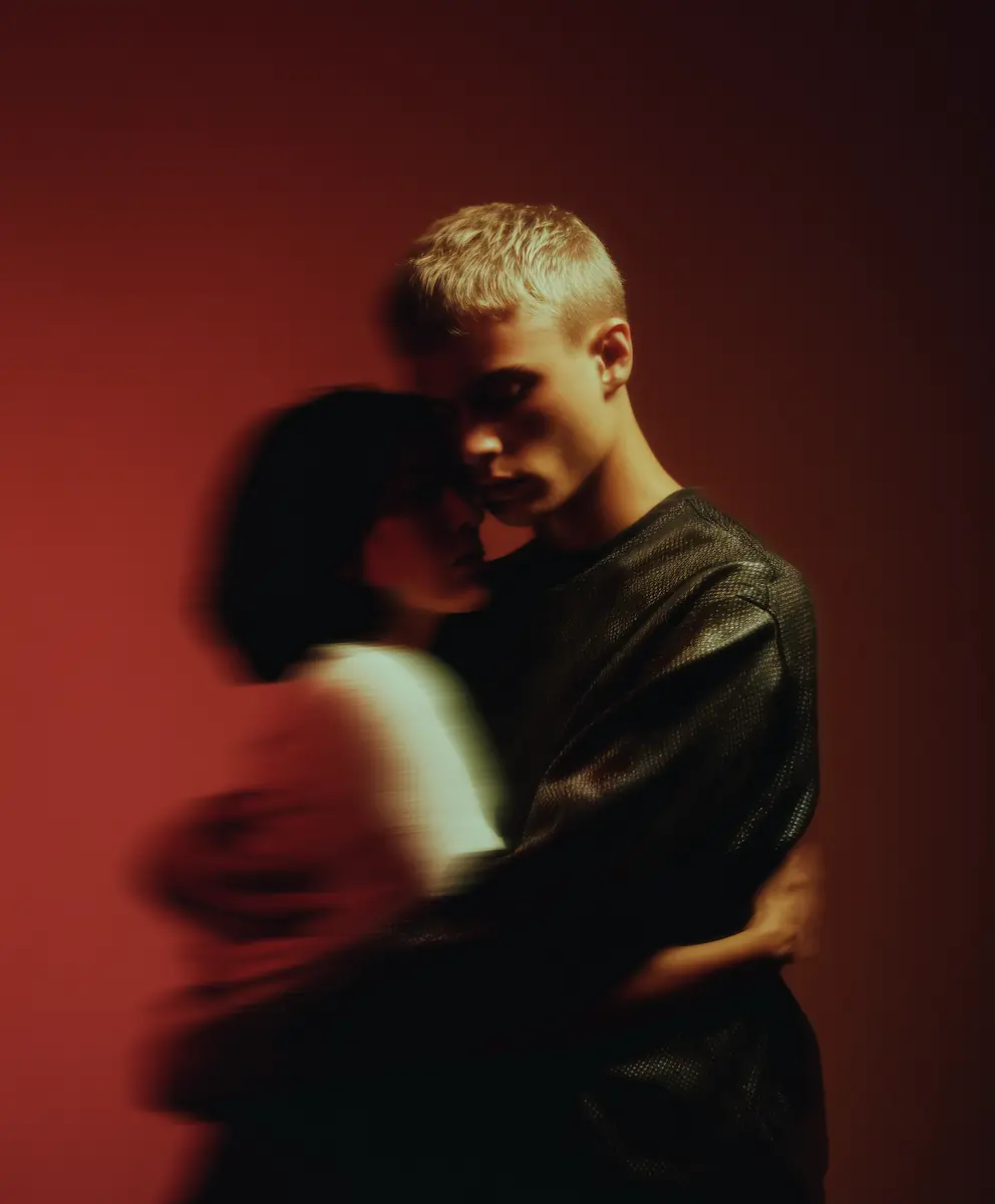 Young couple embracing closely against a dark red background with soft focus.