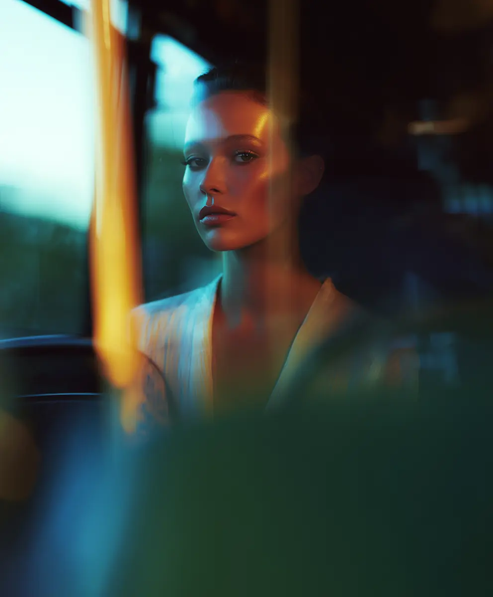 Portrait of a woman with reflective light on her face, seen through a window with colorful blurred shadows.