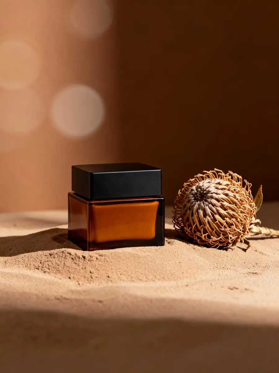 Amber-colored square glass cosmetic jar with black lid sitting on sand next to a dried flower with intricate petals.