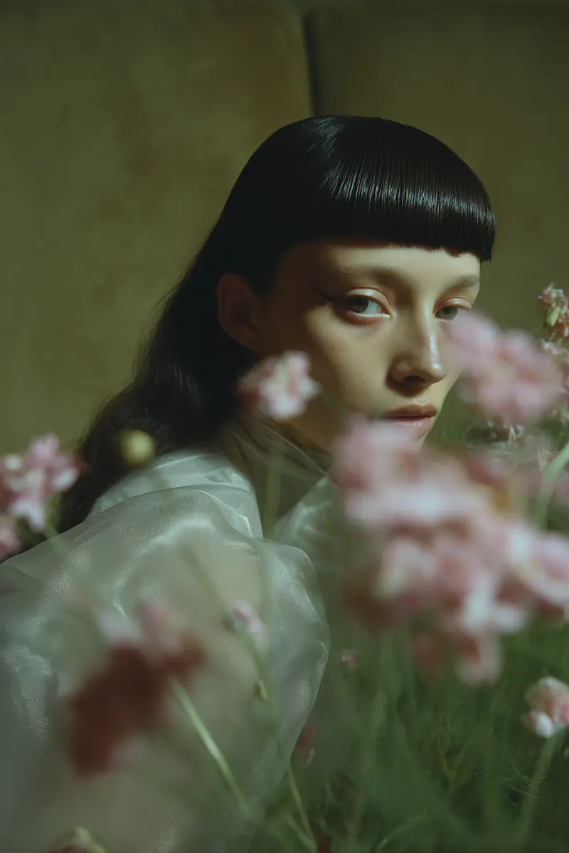Woman with glossy black hair and short bangs, wearing a sheer white blouse, partially obscured by pink flowers.
