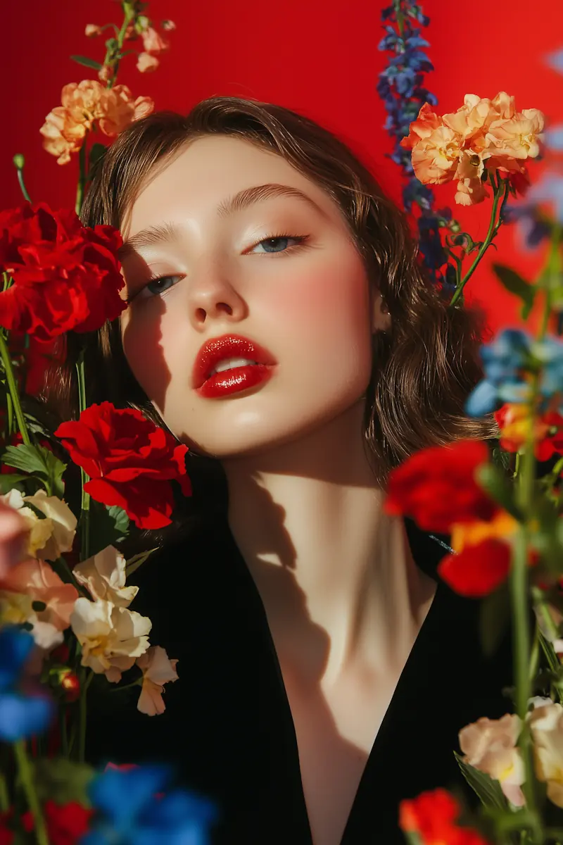 Portrait of a woman with glossy red lips and soft makeup surrounded by vibrant red, blue, and peach flowers against a red background.