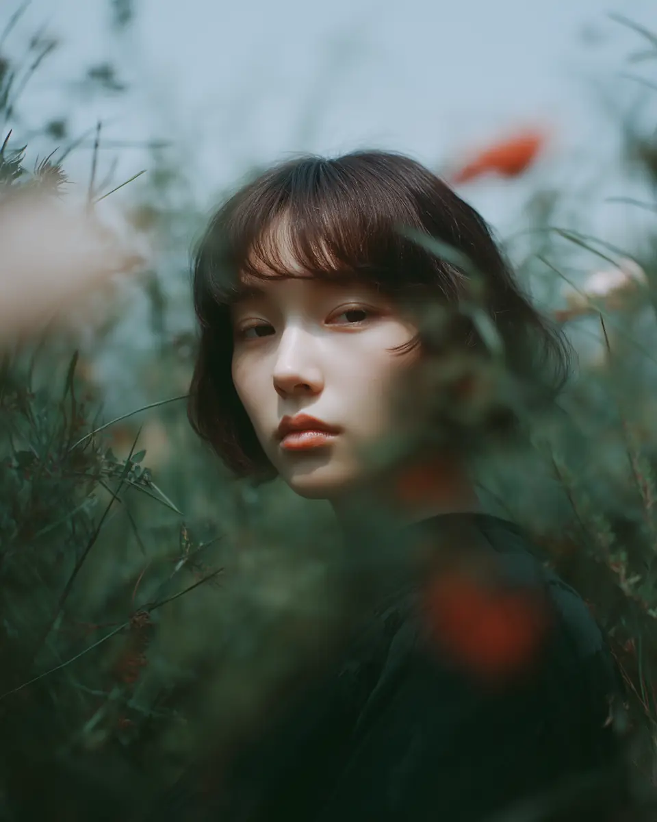 Serene young woman with short brown hair surrounded by green foliage and soft natural light.