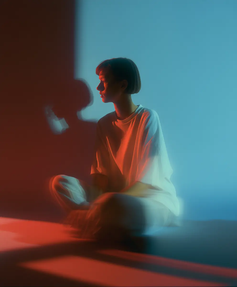 Person with short hair sitting cross-legged, bathed in moody red and blue lighting with a shadow on the wall.