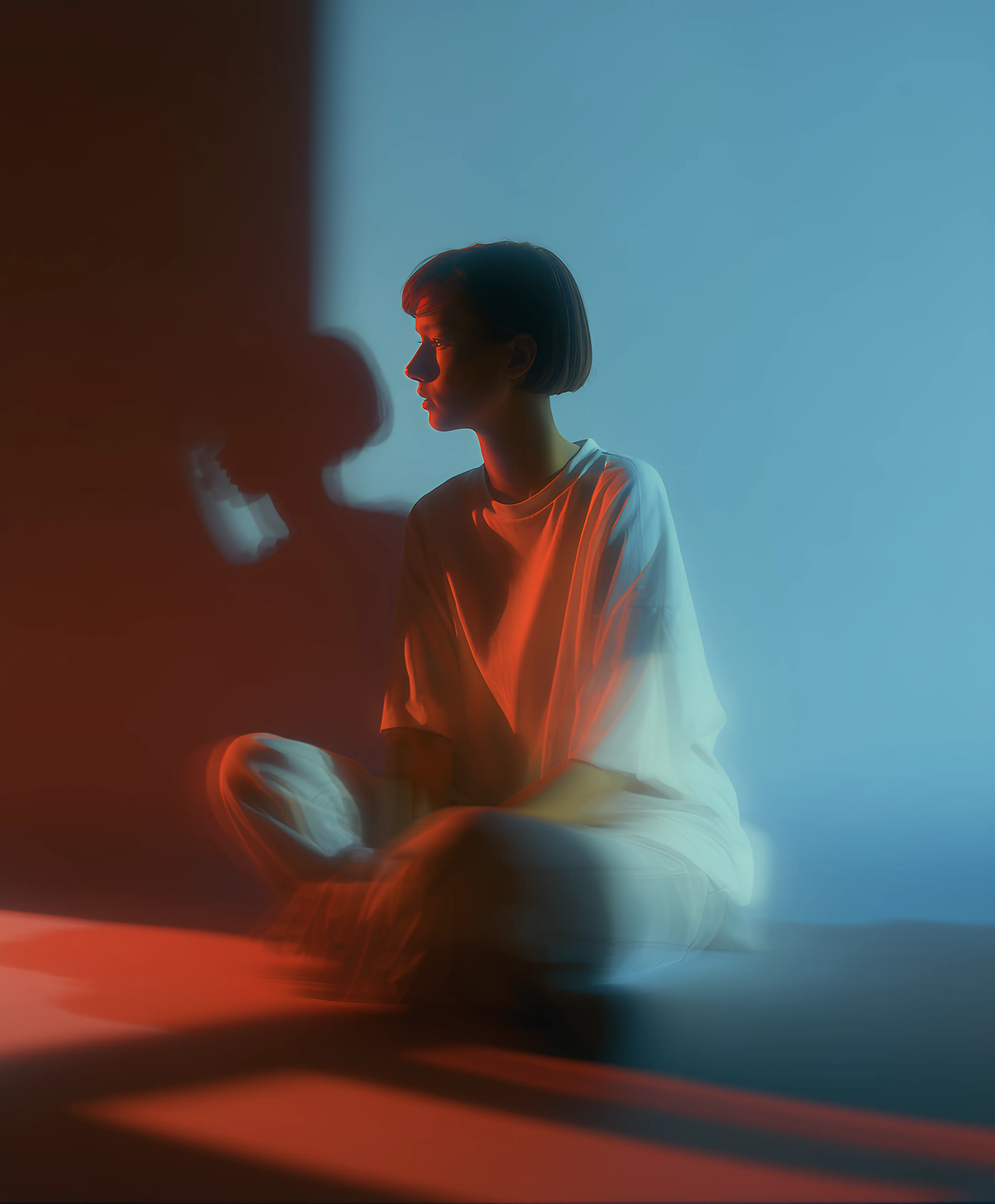 Person with short hair sitting cross-legged in white clothing, lit by contrasting red and blue lighting creating a soft shadow.
