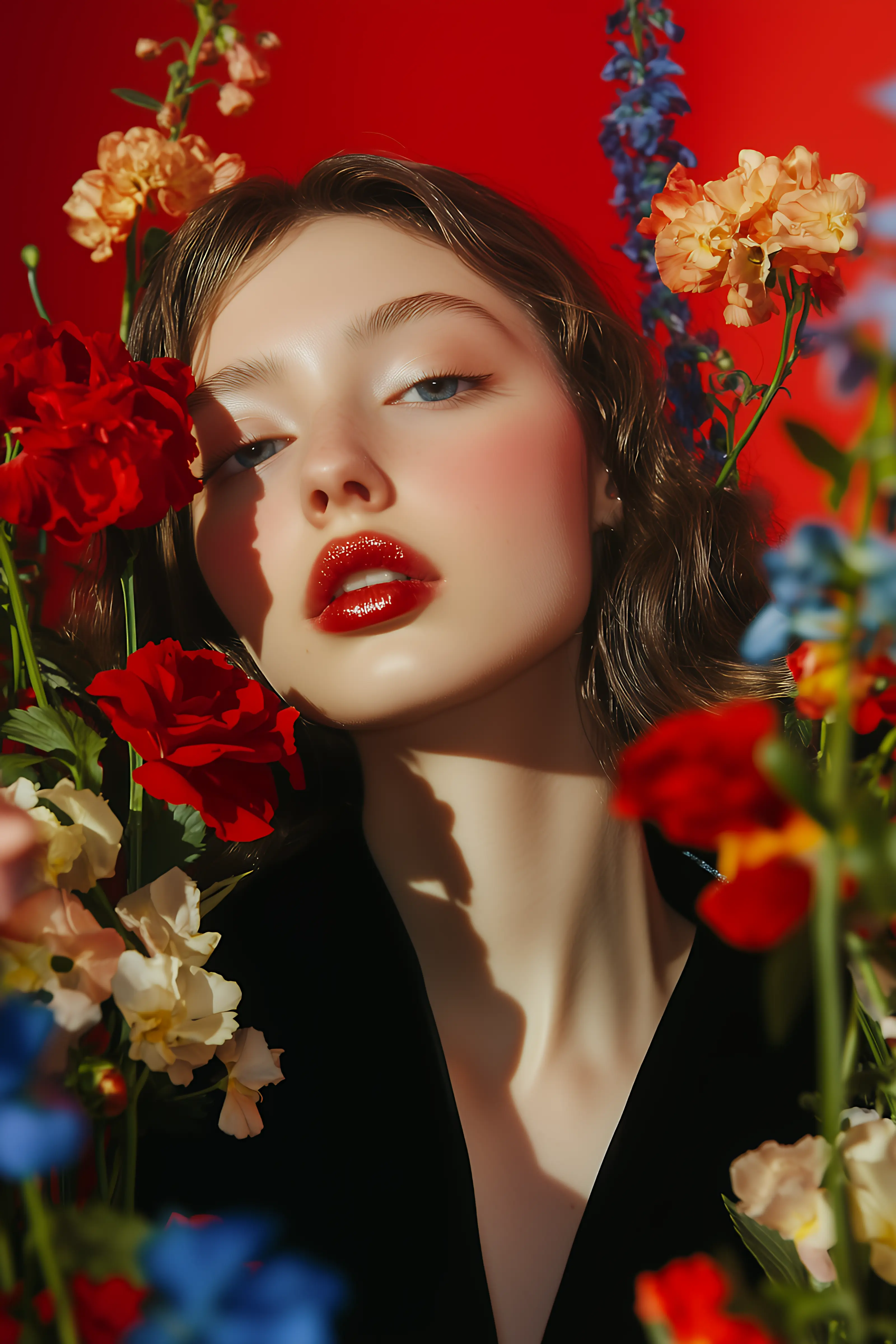 Close-up portrait of a woman with glossy red lips surrounded by red, orange, white, and blue flowers against a red background.