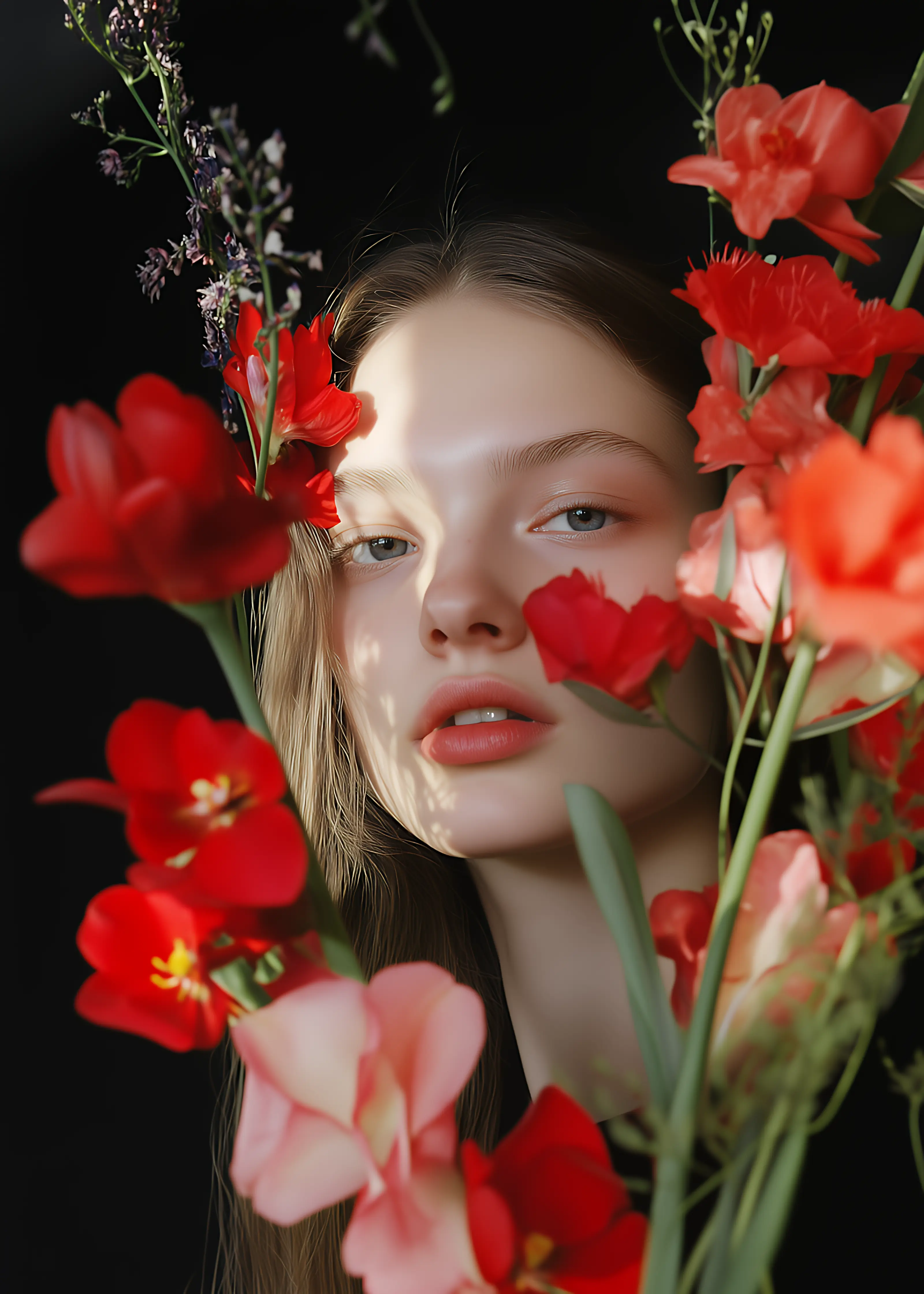 Close-up of a young woman with blue eyes and natural makeup surrounded by red and pink flowers against a black background.
