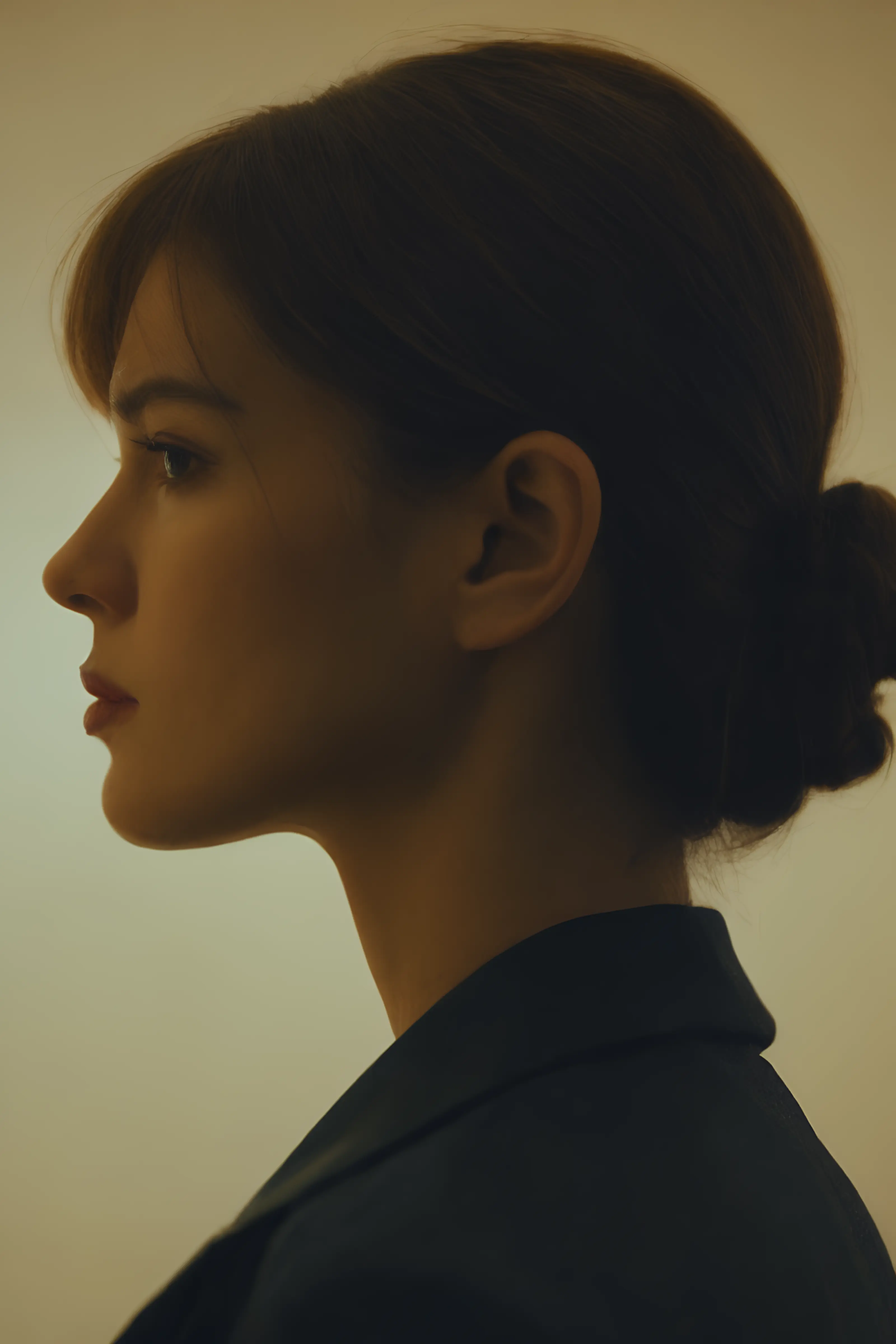 Side profile of a woman with dark hair tied in a bun wearing a dark blazer against a plain background.