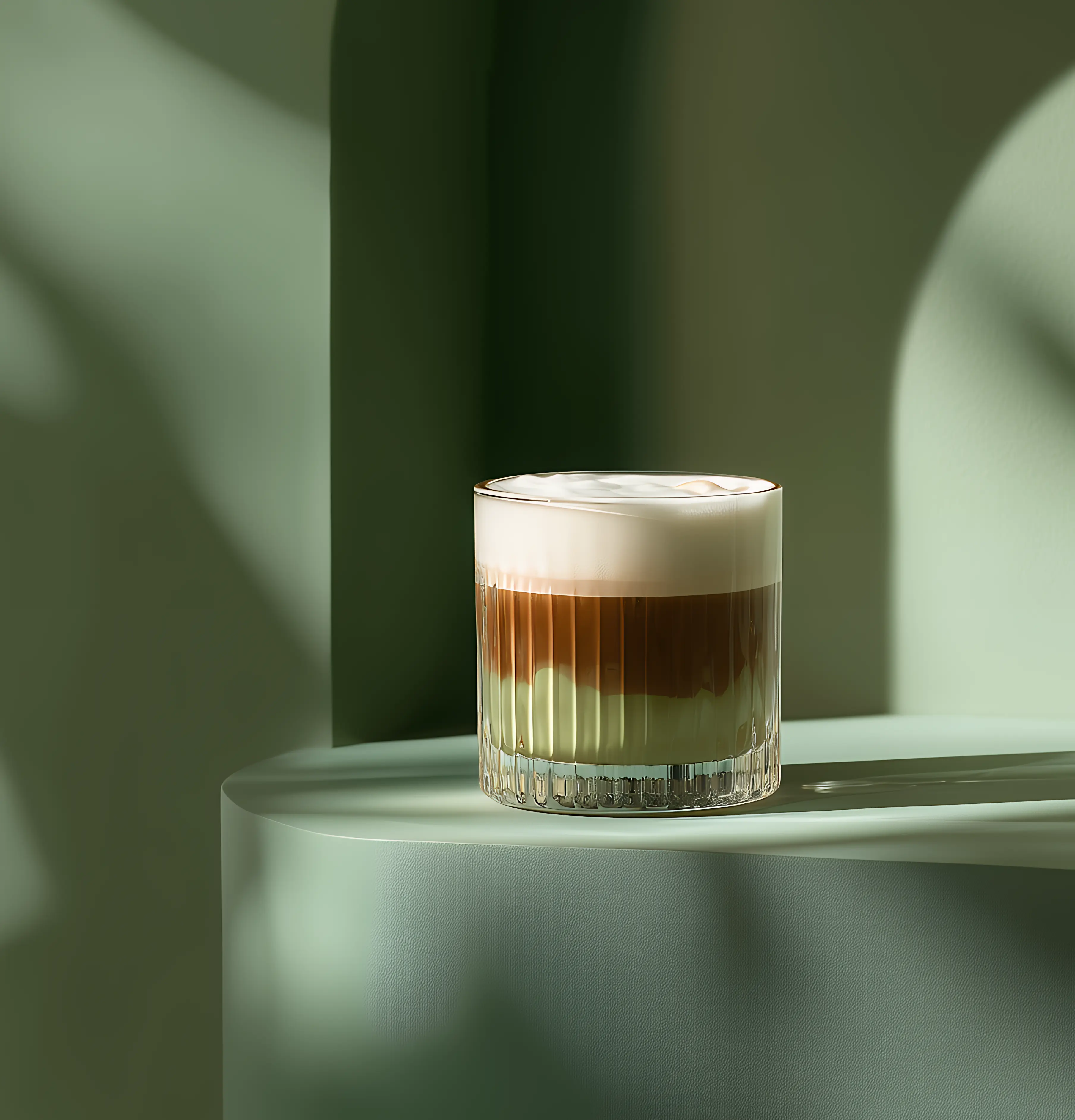 Glass of layered coffee with green, brown, and frothy cream layers on a green surface and background.