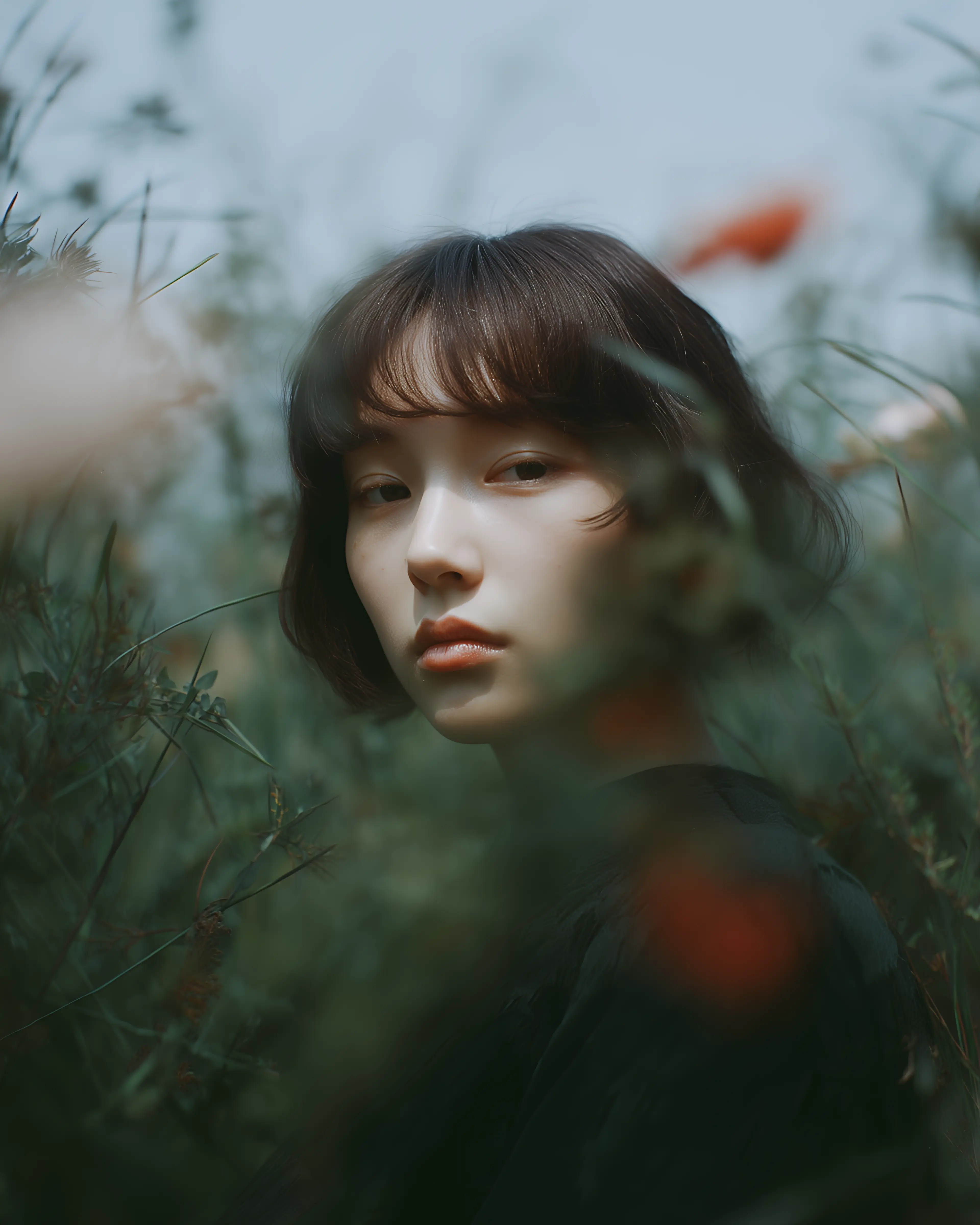Portrait of a young woman with short dark hair amidst green foliage and flowers, looking thoughtfully to the side.