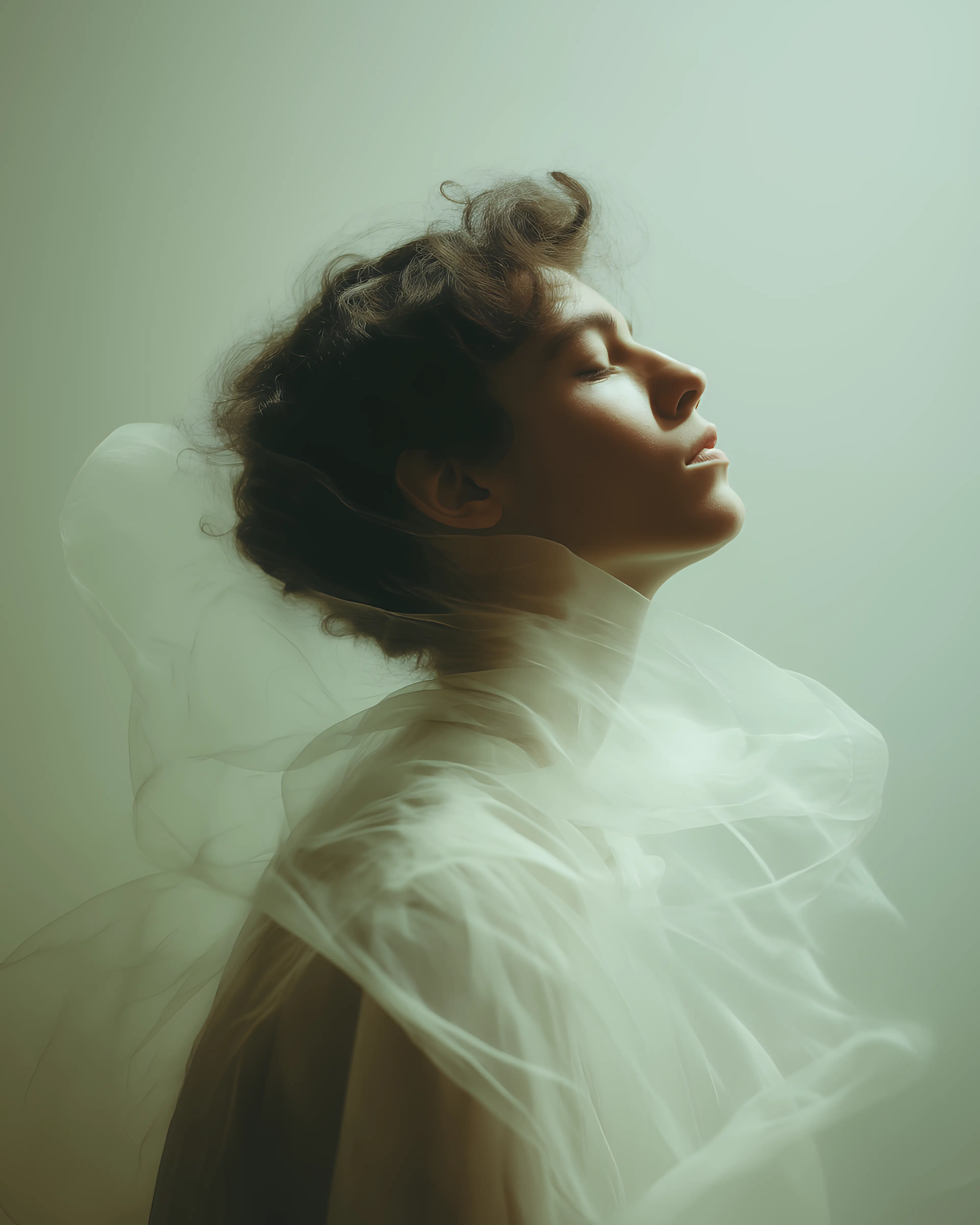Serene young woman in profile with closed eyes wrapped in translucent fabric against a soft green background.
