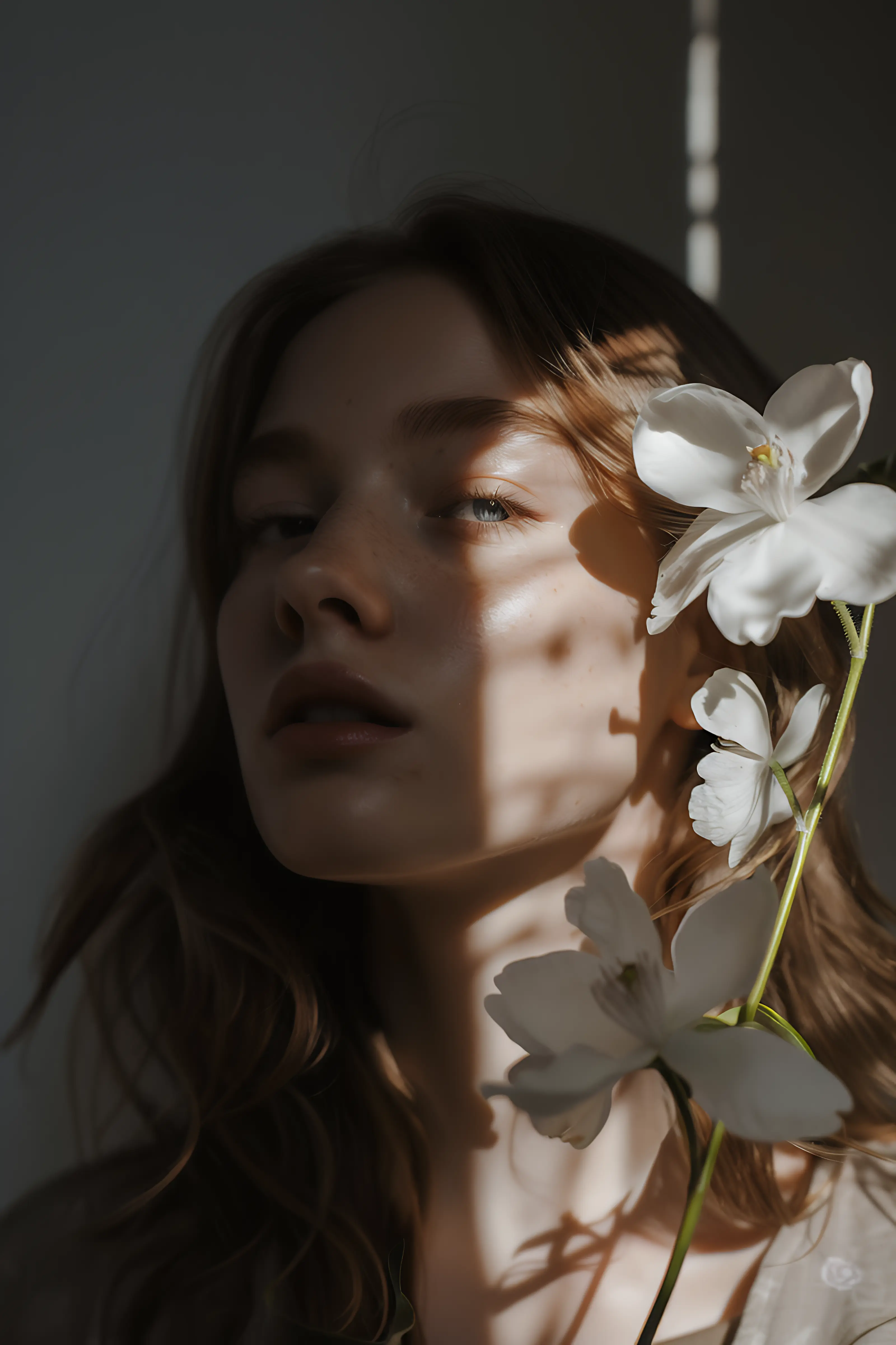 Close-up of a woman's face with soft shadows and white flowers near her cheek.