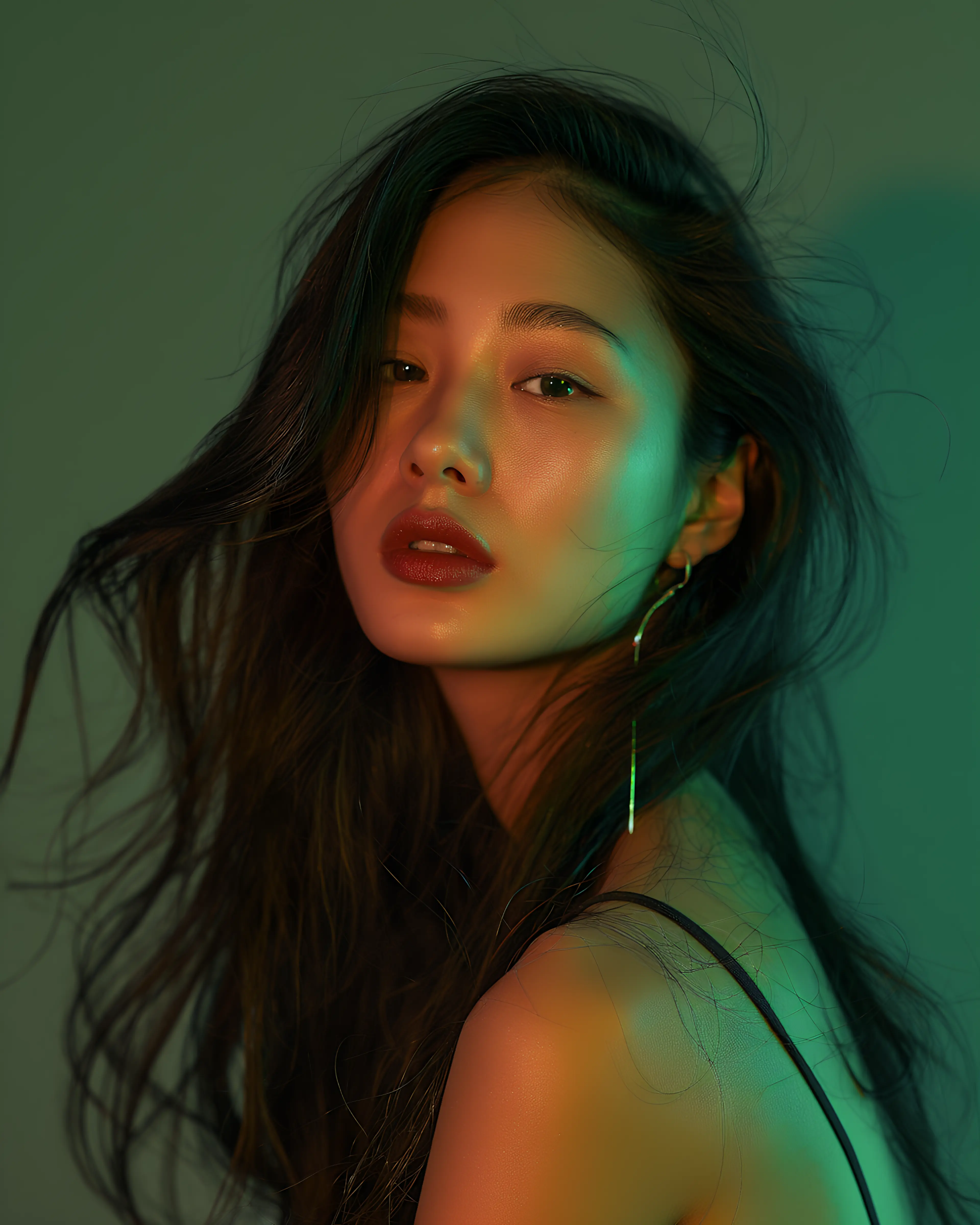 Portrait of a woman with long dark hair lit by green and warm lighting, wearing a thin strap top and dangling earring.