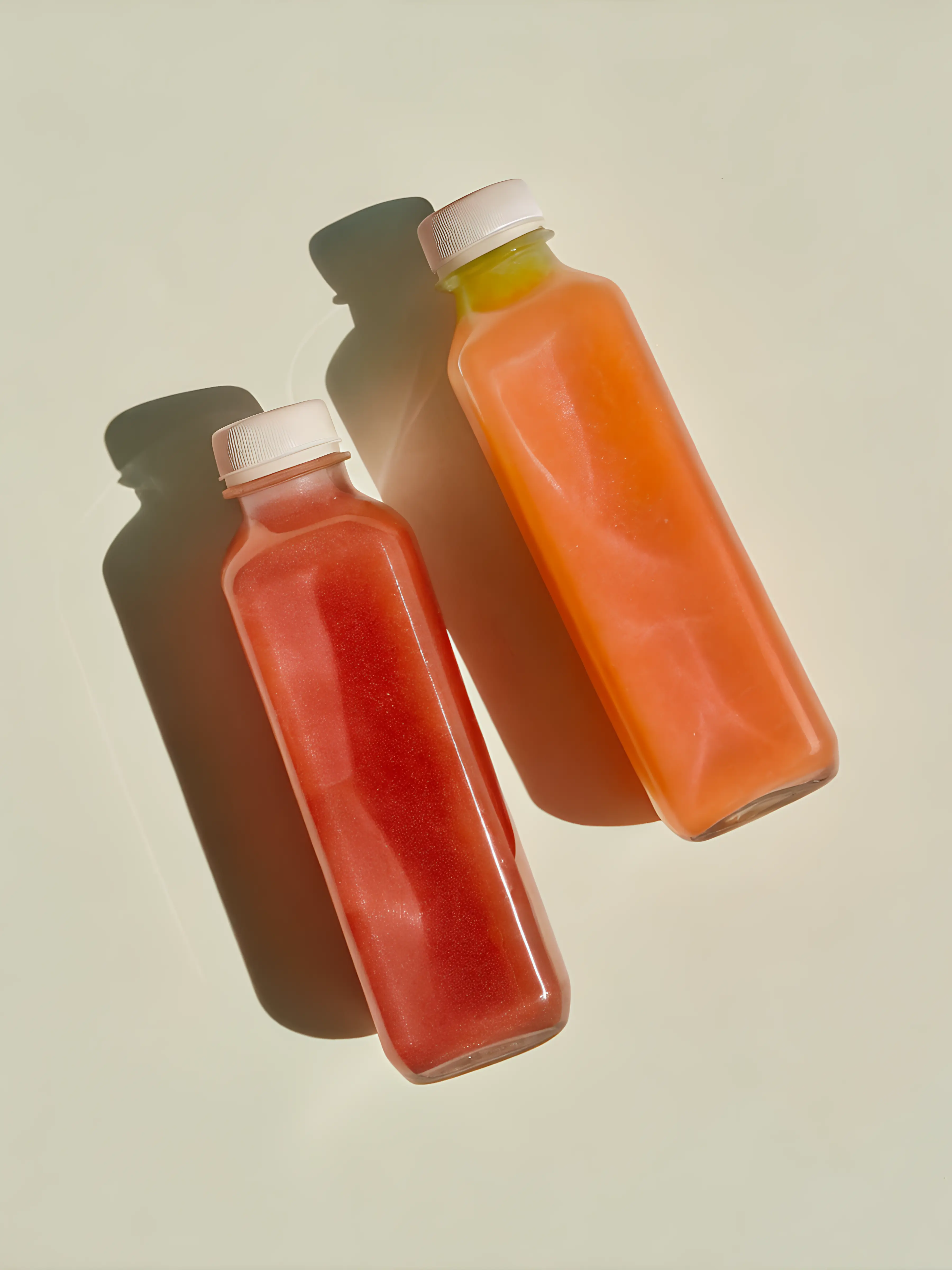 Two clear plastic bottles with white caps filled with red and orange juices casting shadows on a light surface.