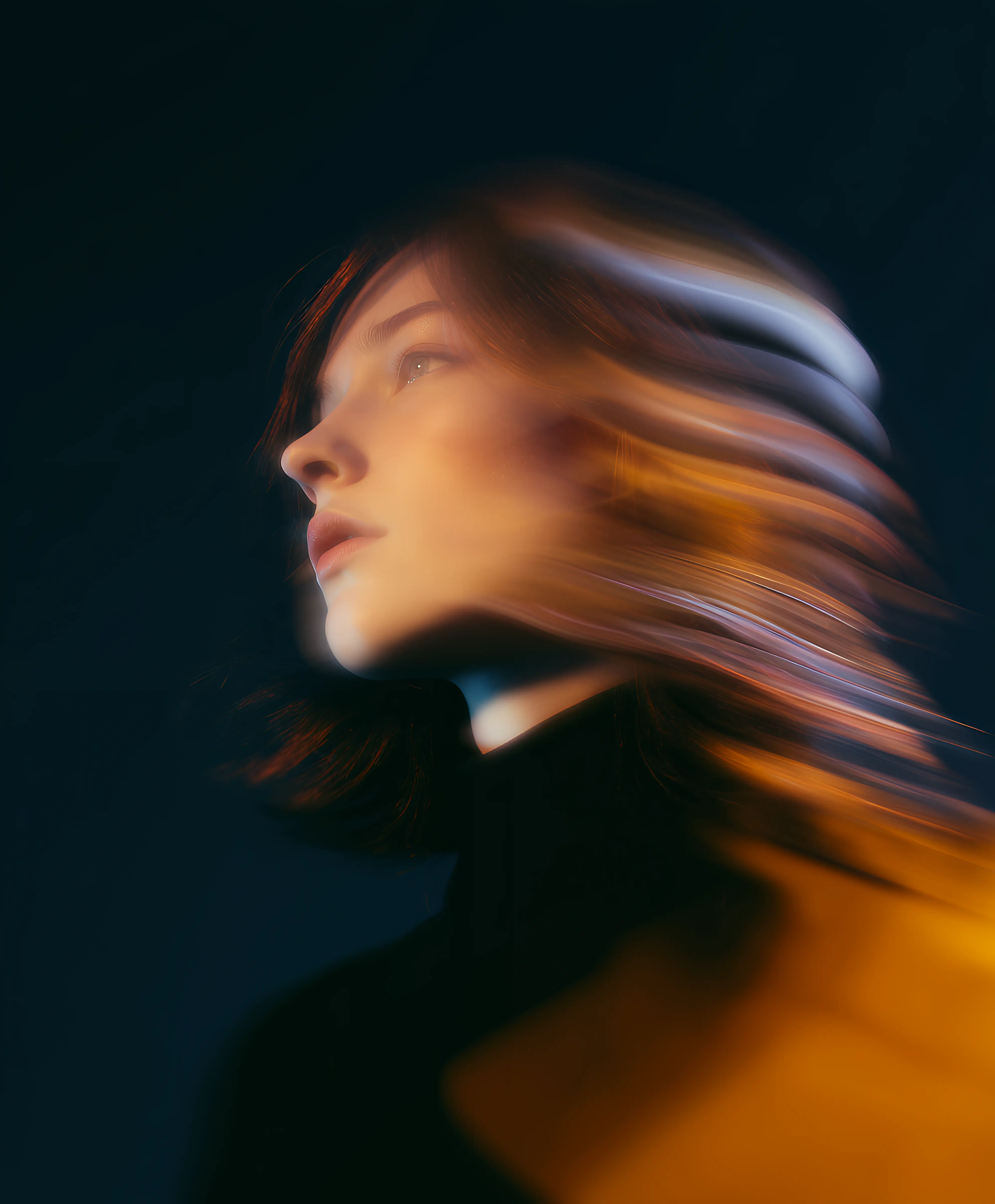 Side profile of a woman with short hair and light streak effects against a dark background.