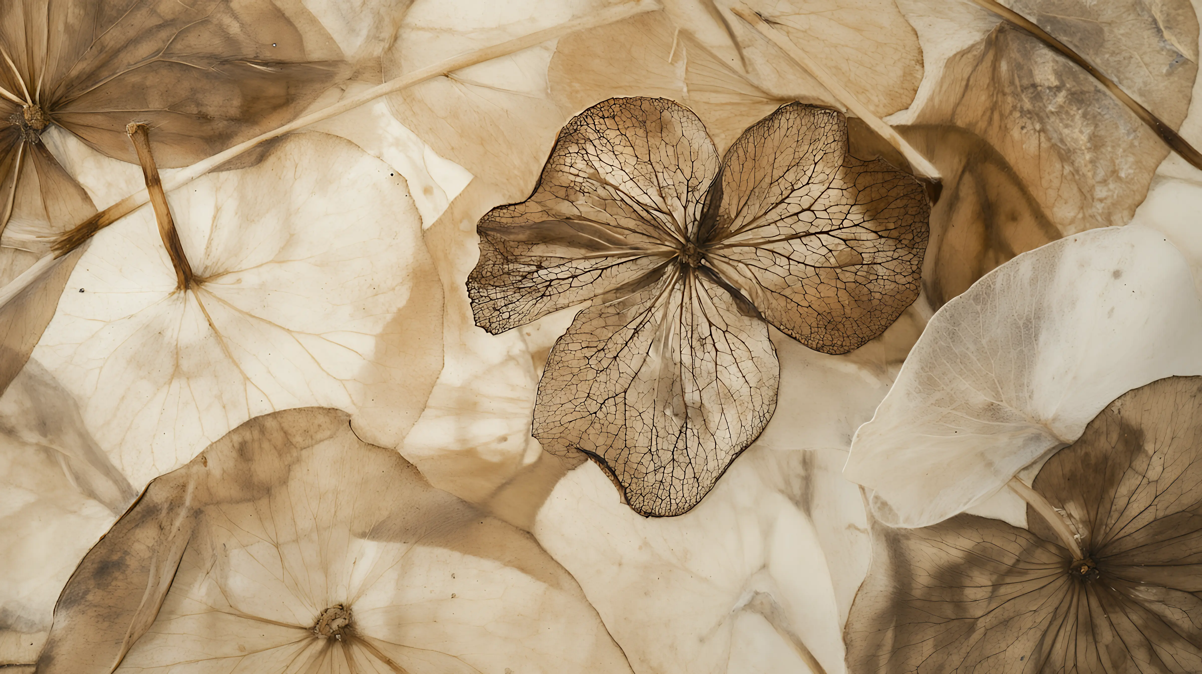 Close-up of translucent dried leaves with visible veins in shades of brown and beige.