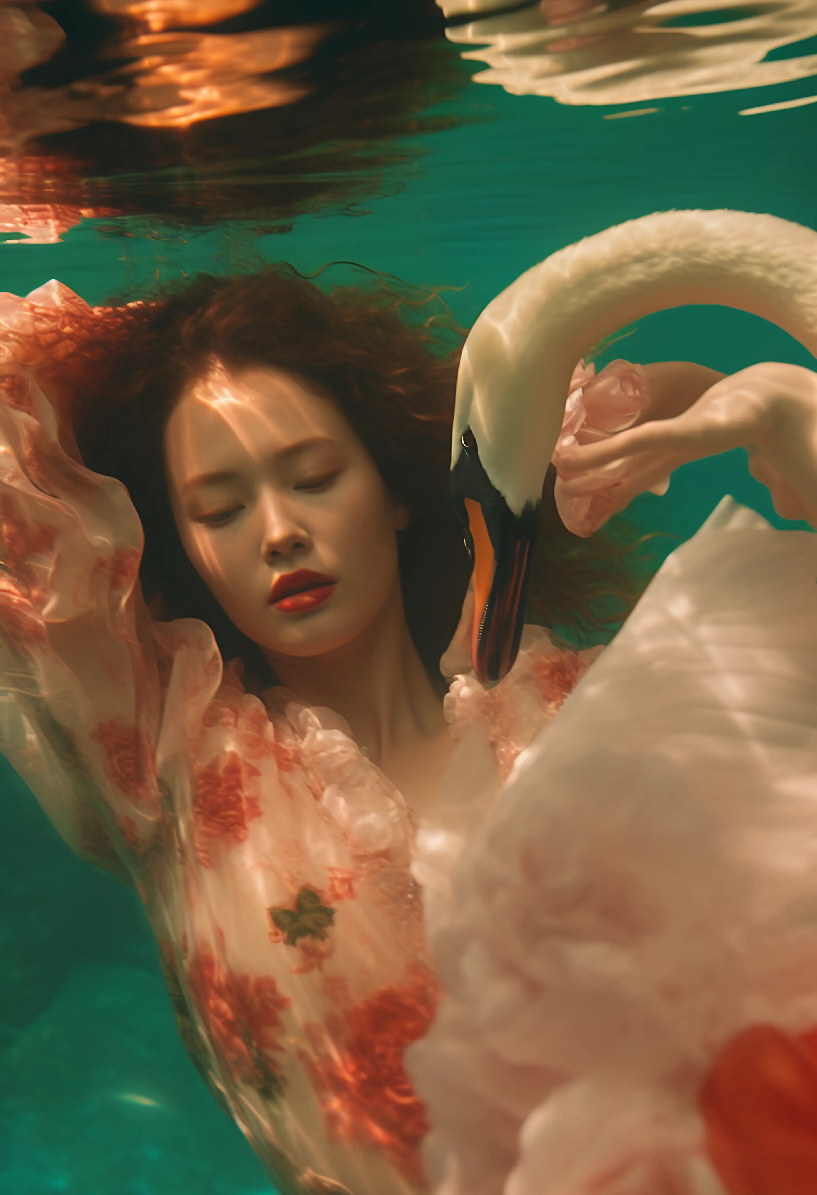 Underwater portrait of a woman with closed eyes in a flowing floral dress beside a white swan.