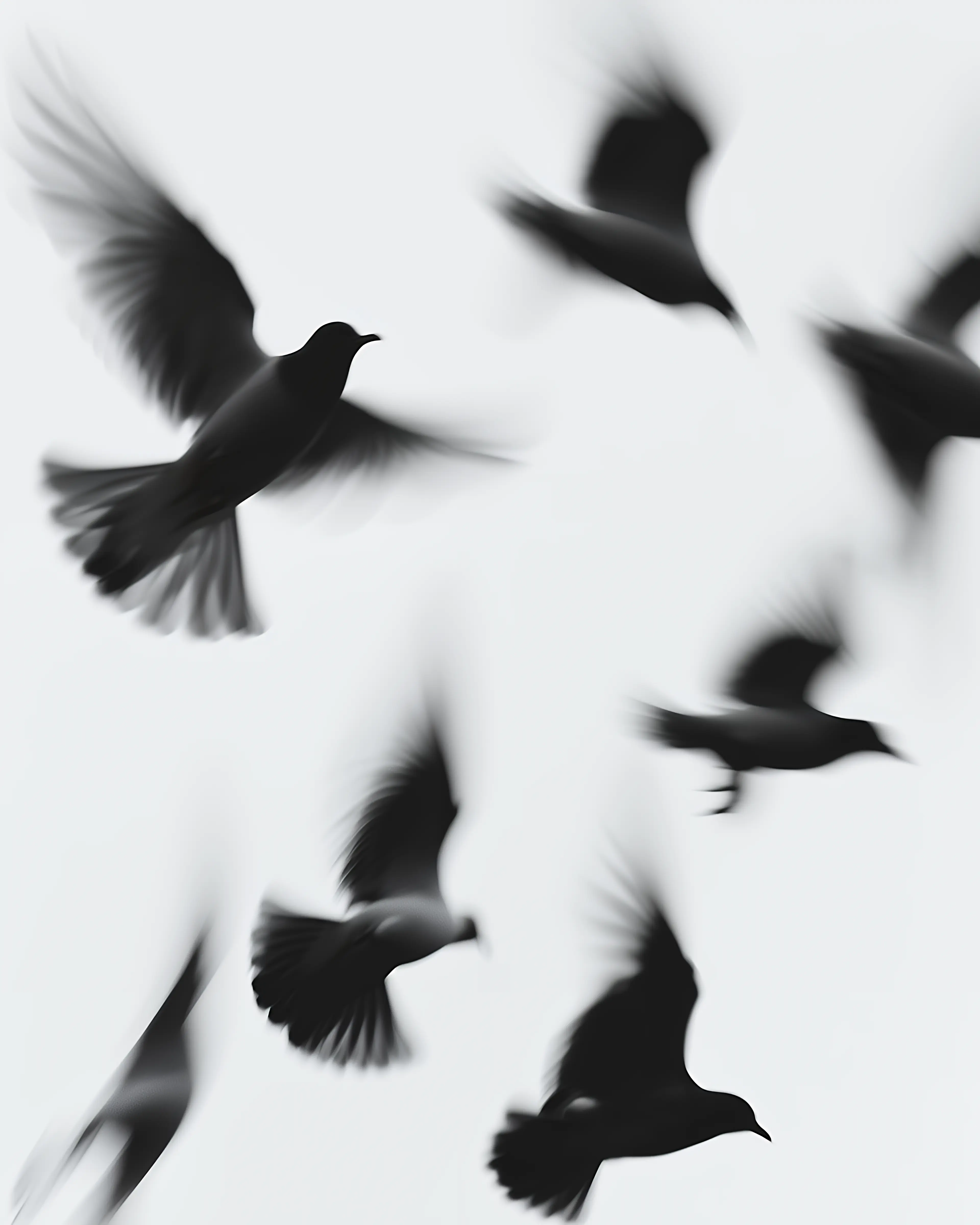 Silhouettes of multiple birds in mid-flight against a white background, with motion blur emphasizing wing movement.