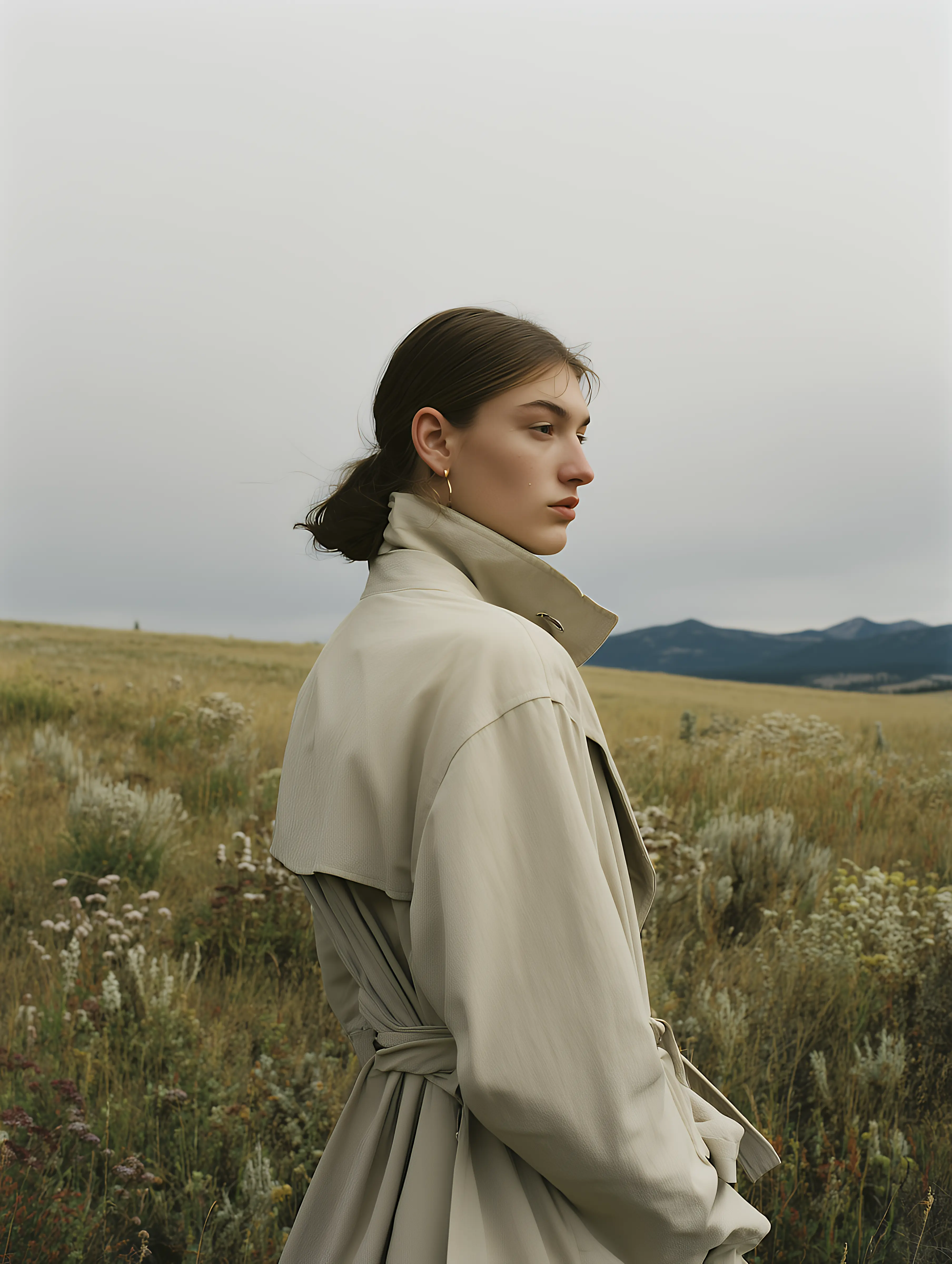 Woman in beige trench coat standing in a grassy field with mountains in the background under a cloudy sky.