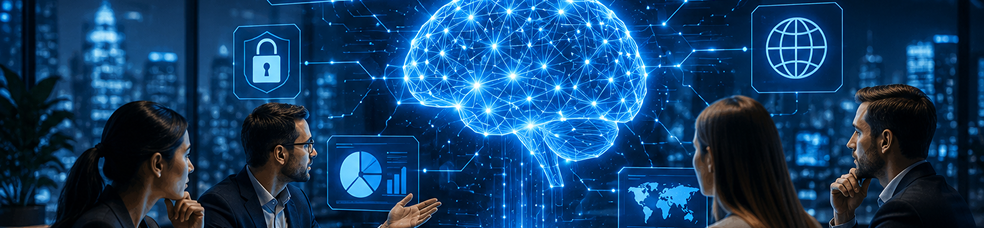Business team reviewing an AI dashboard with a glowing digital brain, security and analytics icons