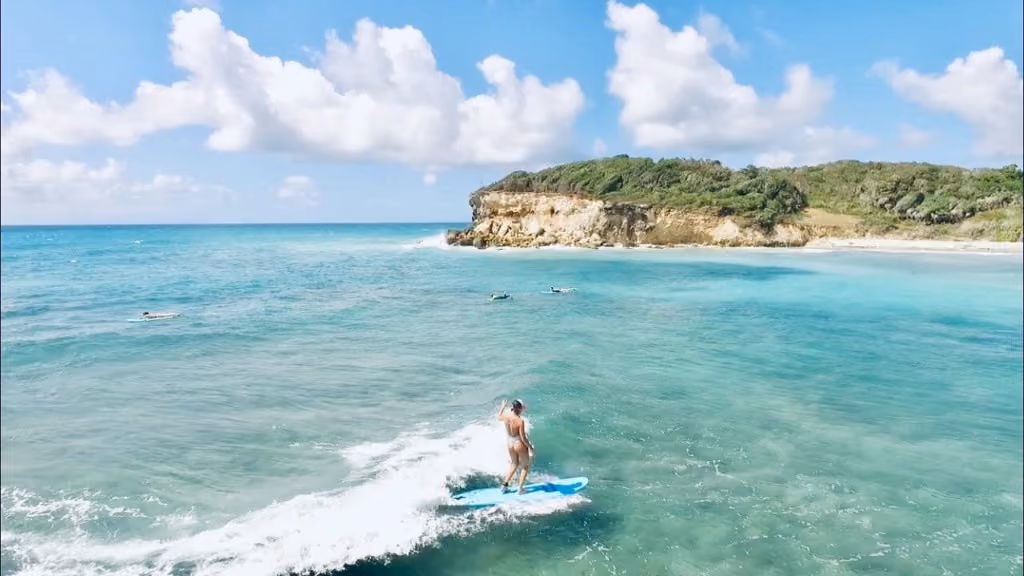 Une personne surfant sur une planche bleue dans une mer turquoise près d'une côte rocheuse et verte.