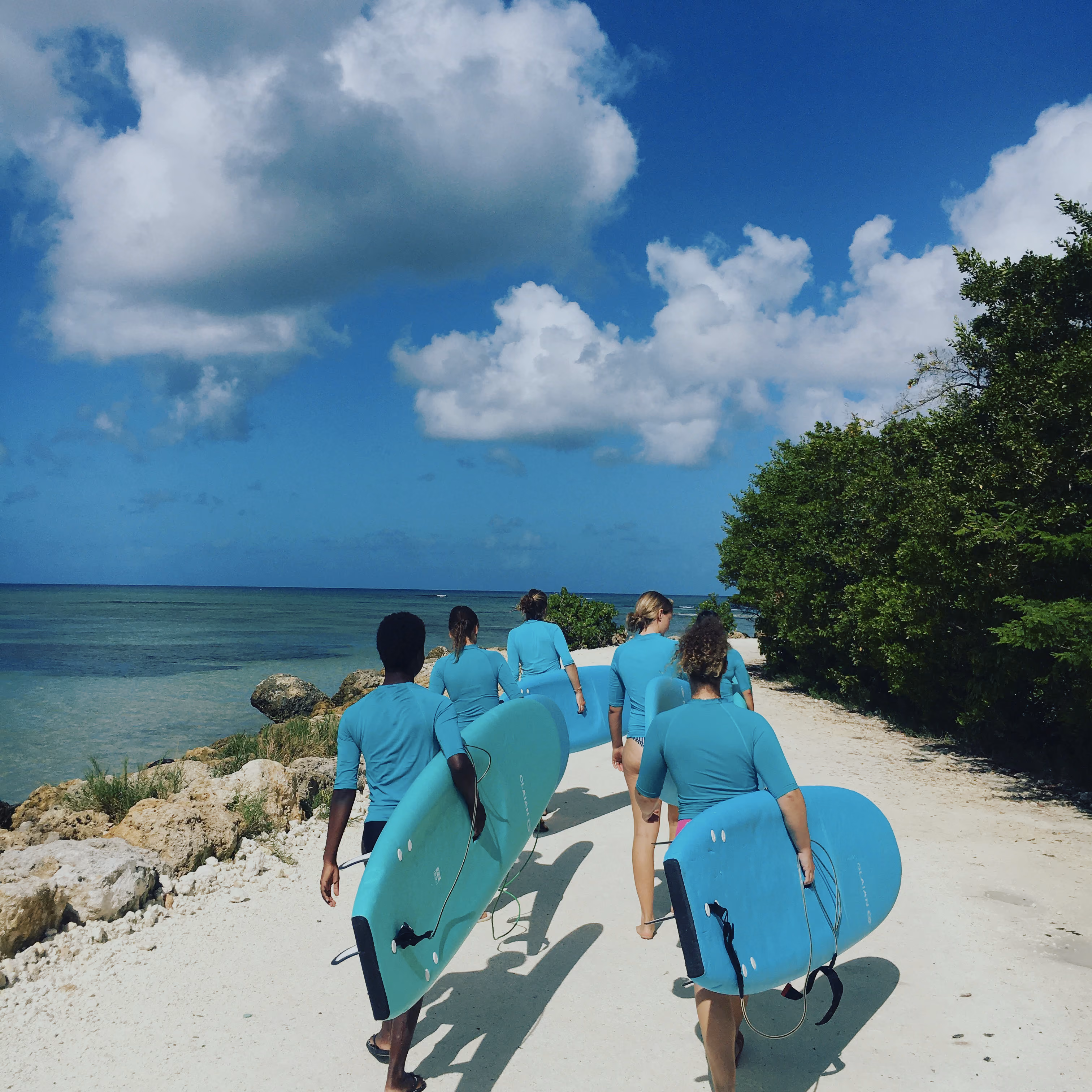 Un groupe de personnes portant des planches de surf marche sur un chemin côtier bordé de verdure.