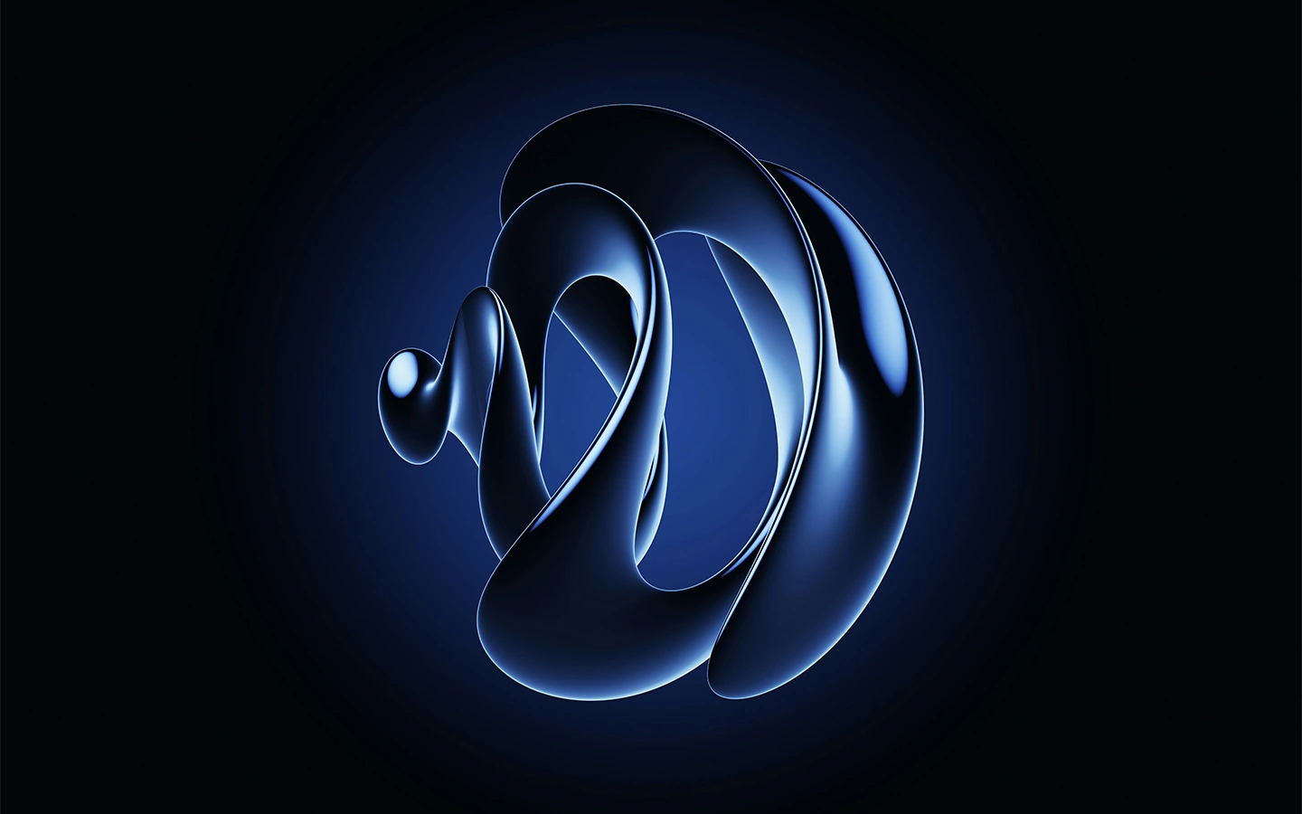 Abstract smooth, shiny, dark blue ribbon-like shape with curves and loops on a dark gradient background.