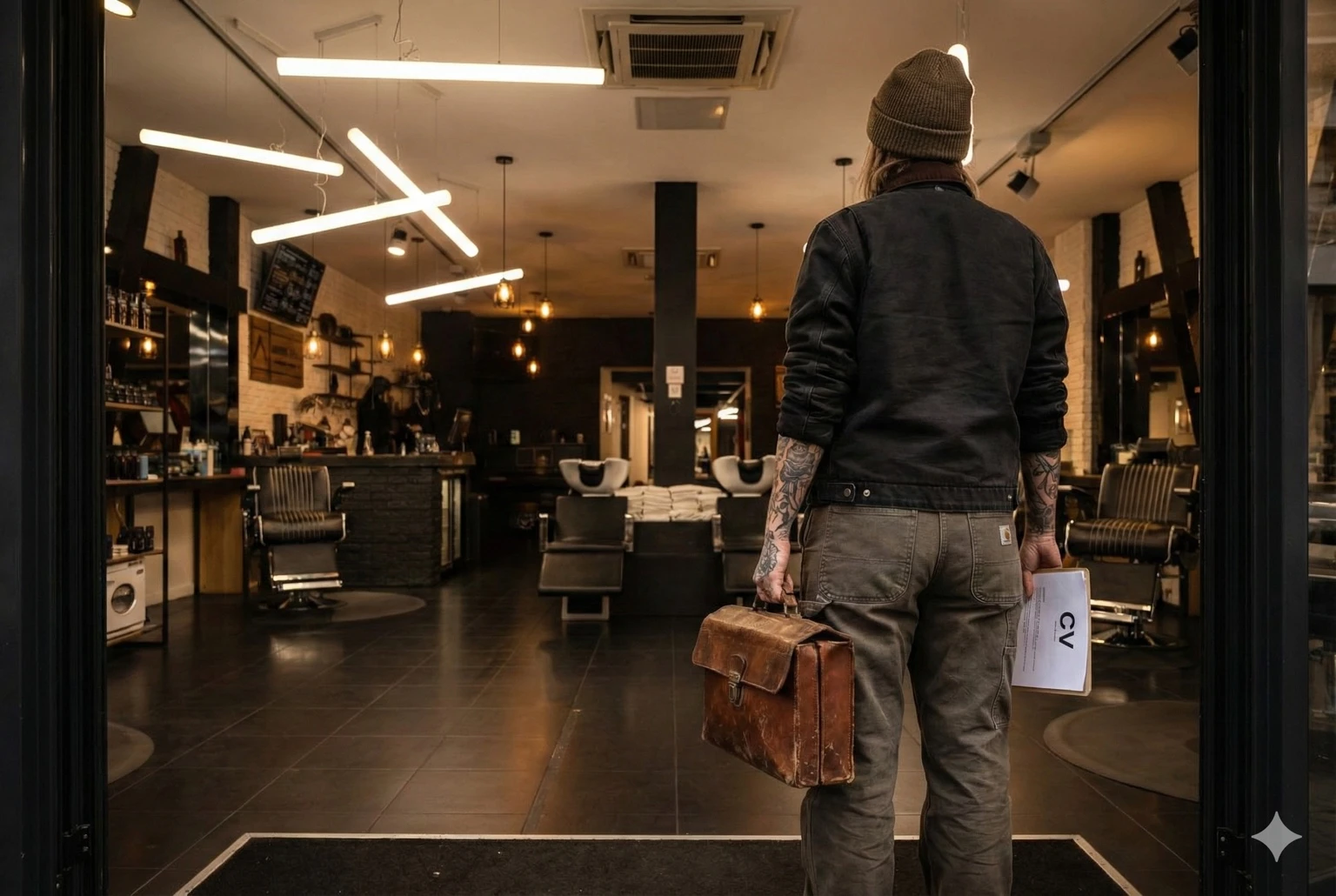 Personne tatoué tenant un sac en cuir et un CV, entrant dans un salon de coiffure moderne.