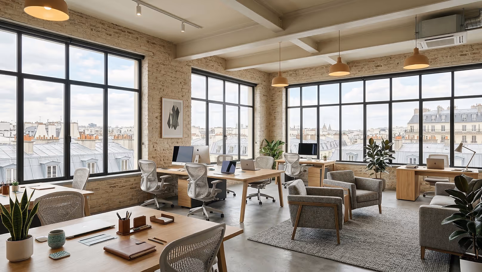 Bureau lumineux et moderne avec vue sur les toîts de Paris pour représenter le service de recherche de bureau