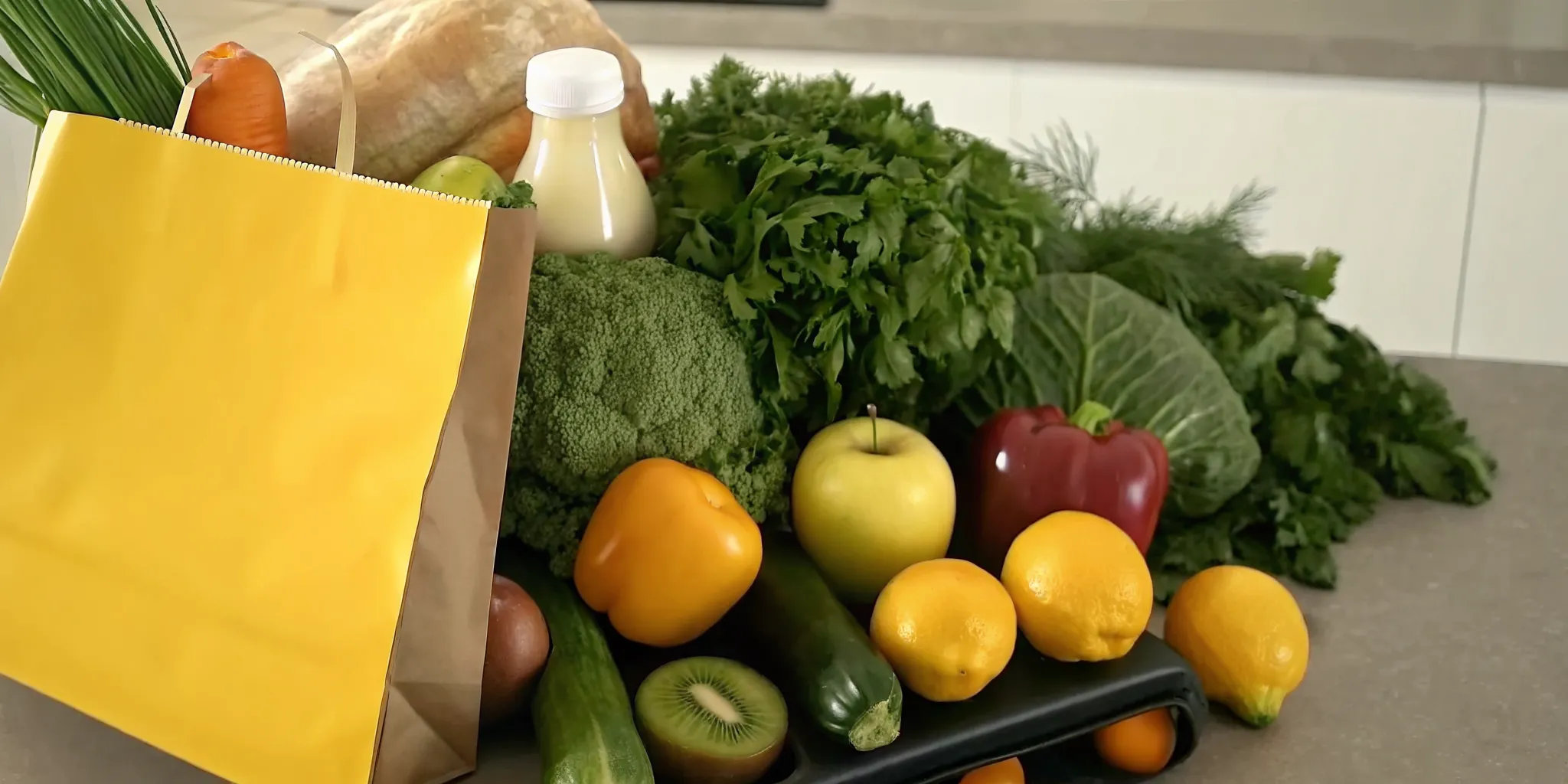 A bag of fresh groceries from a no subscription fee delivery service.