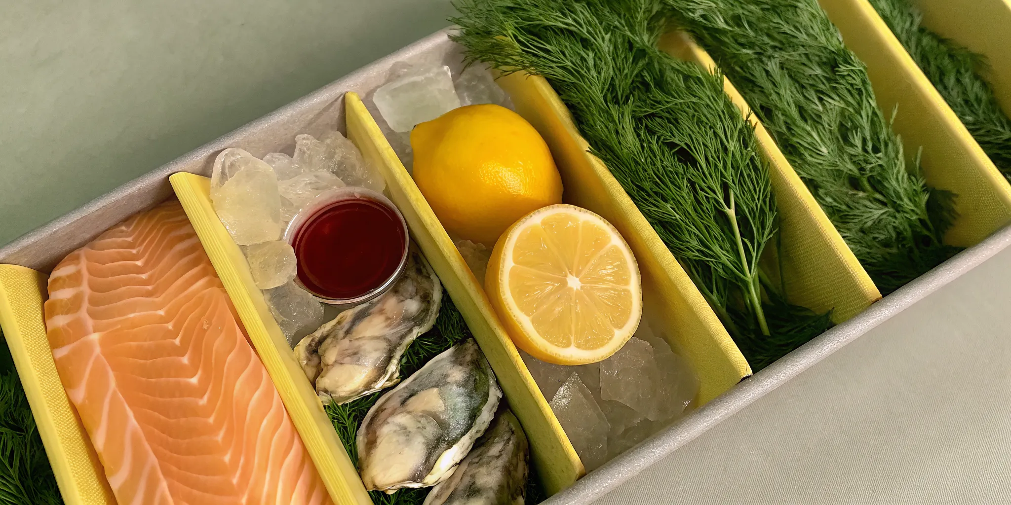 The best seafood subscription box in Ontario, featuring fresh salmon, oysters, and lemon.