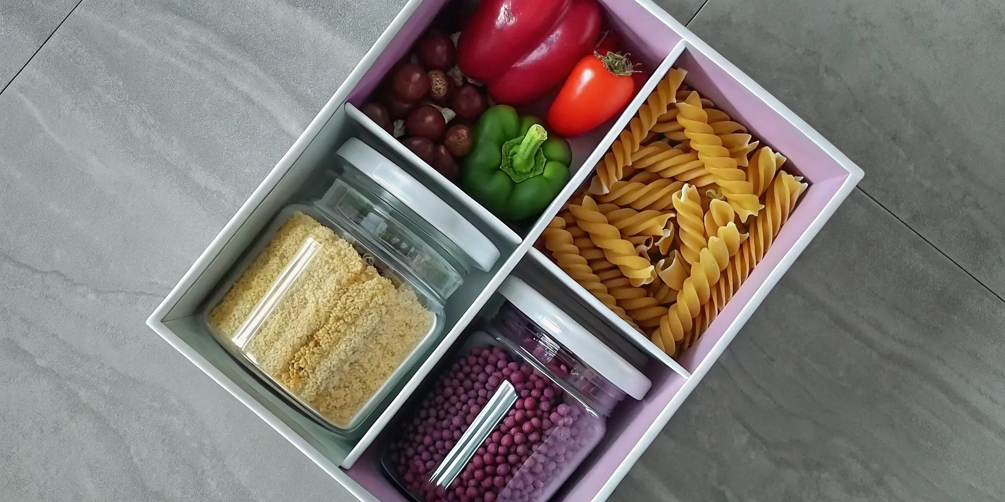 A pantry staples subscription box with pasta and grains for convenient home cooking.