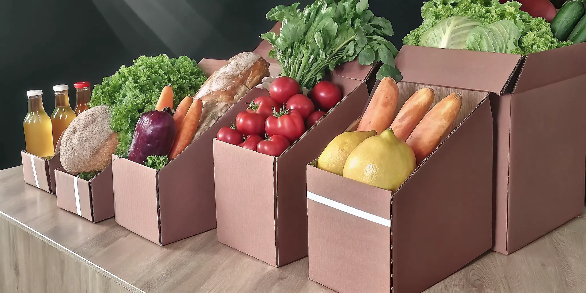 A grocery box from one of the best services in Canada, with fresh produce and food on a kitchen counter.
