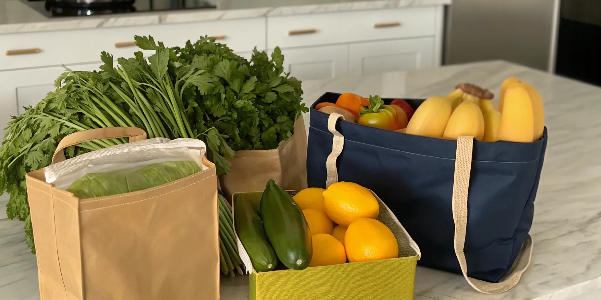 Fresh groceries delivered to me in a paper bag from a delivery service.