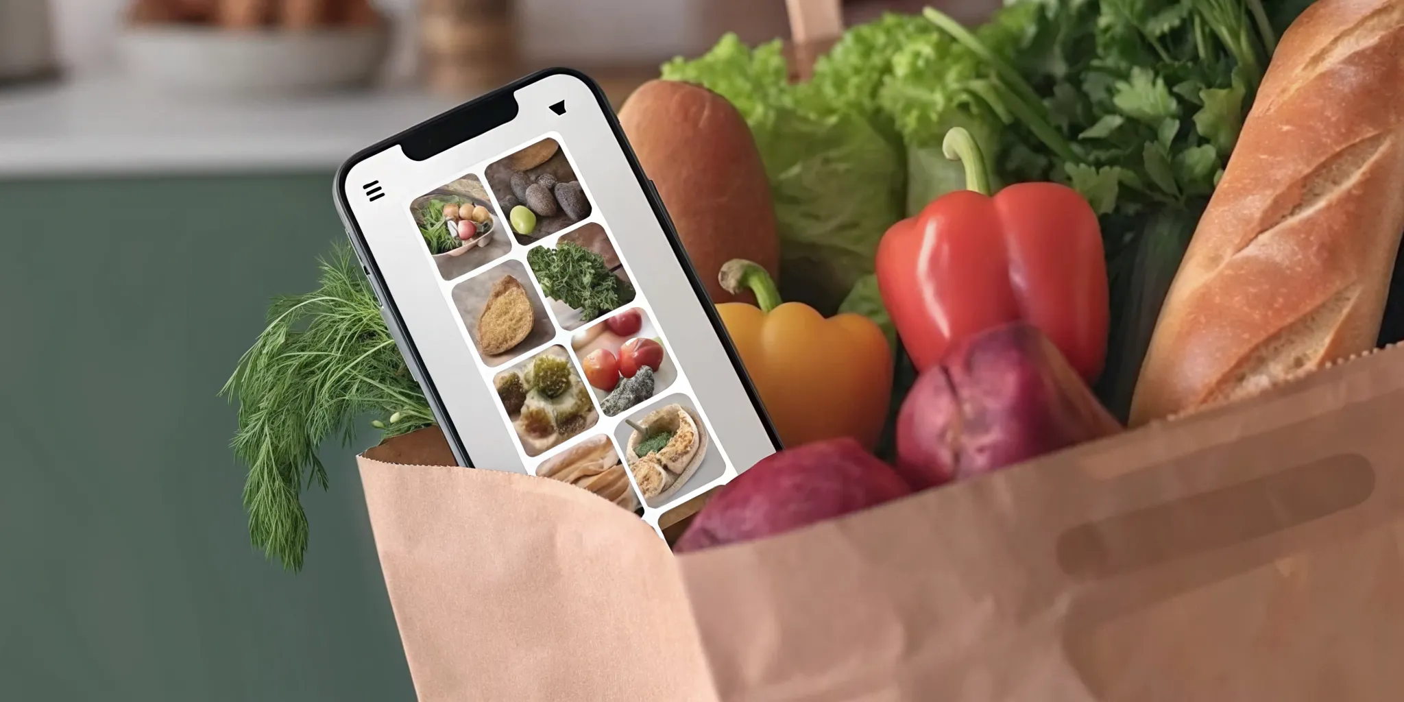 A smartphone with a grocery delivery app in a paper bag of fresh vegetables and bread.