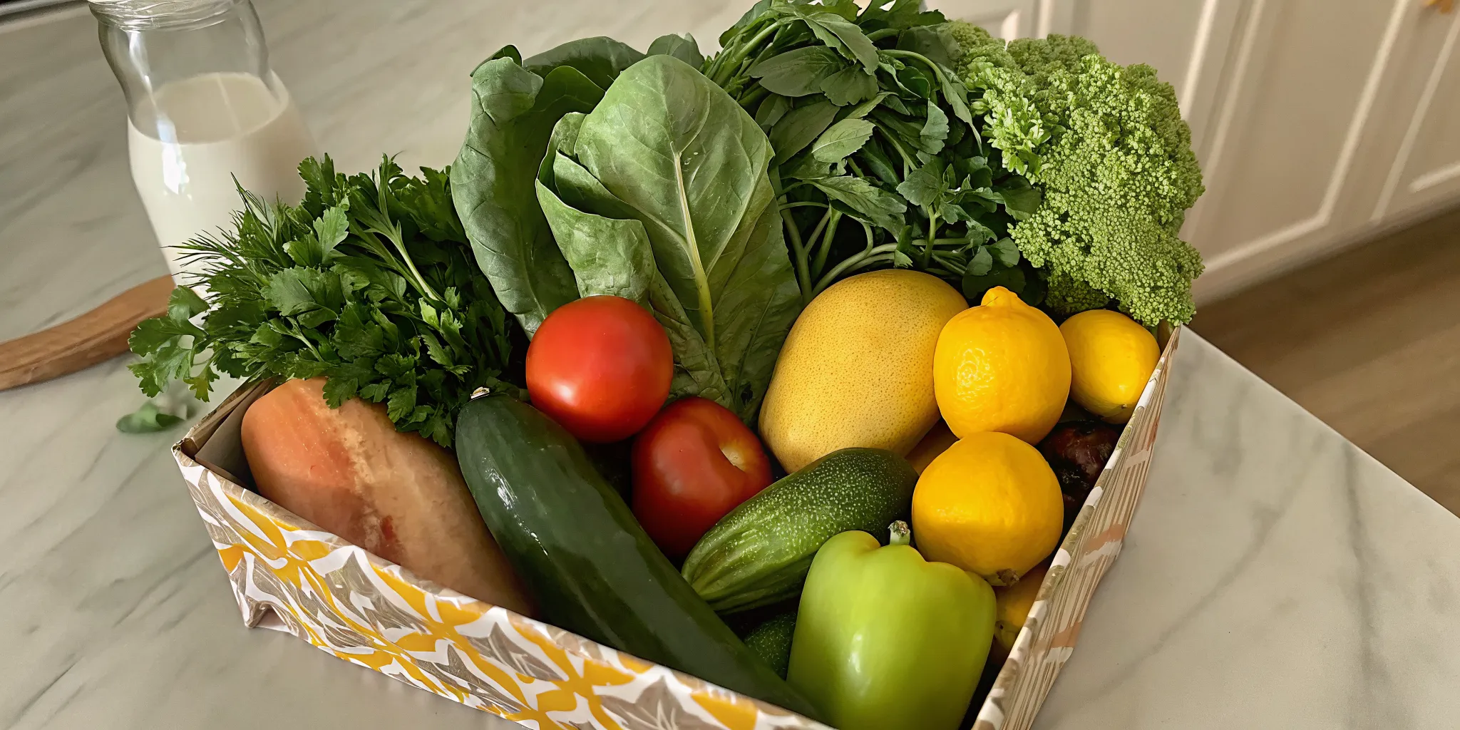 A healthy food grocery delivery box filled with fresh vegetables.