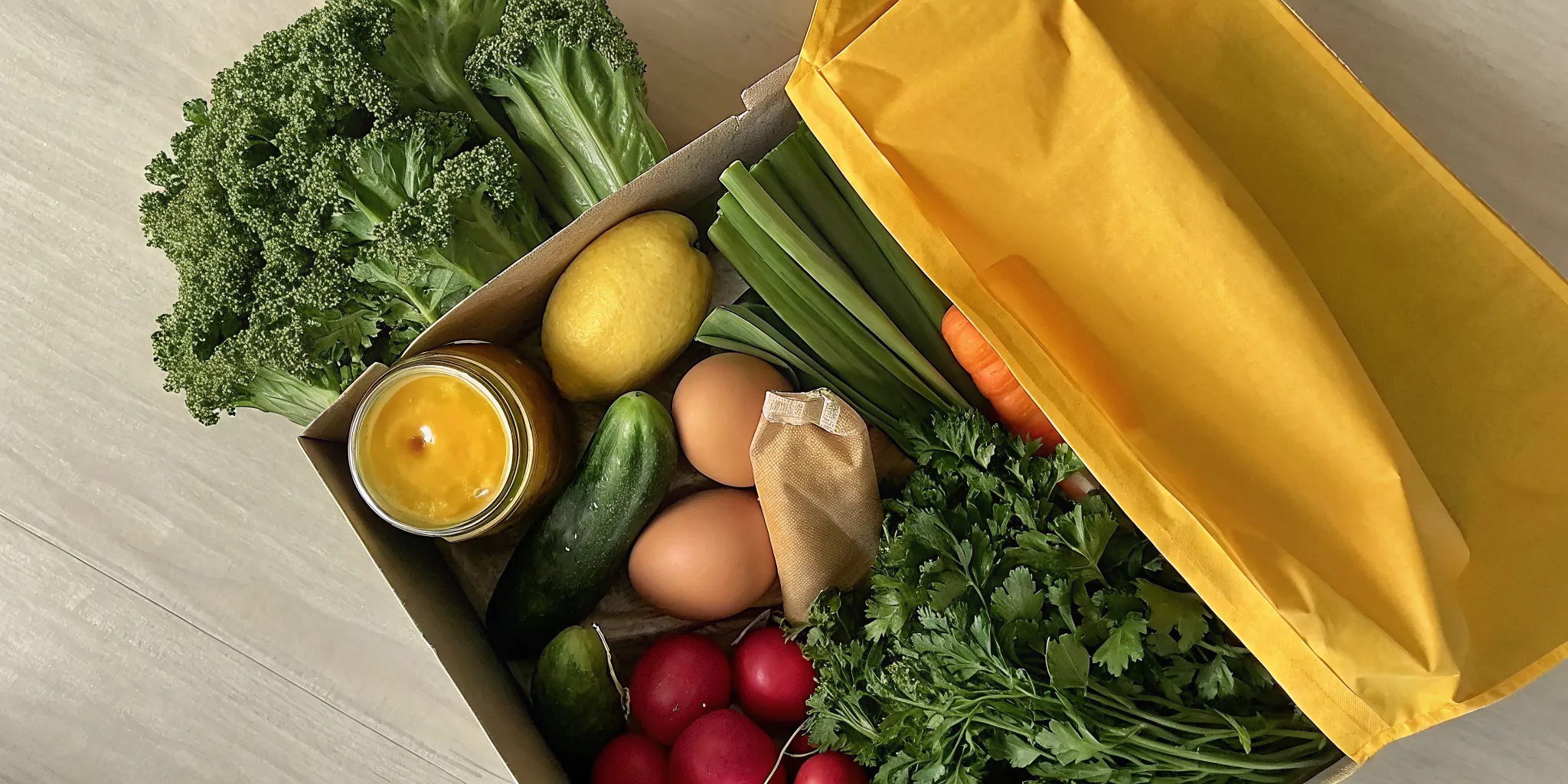 A CSA box from a local farm, filled with seasonal vegetables, fresh eggs, and honey.