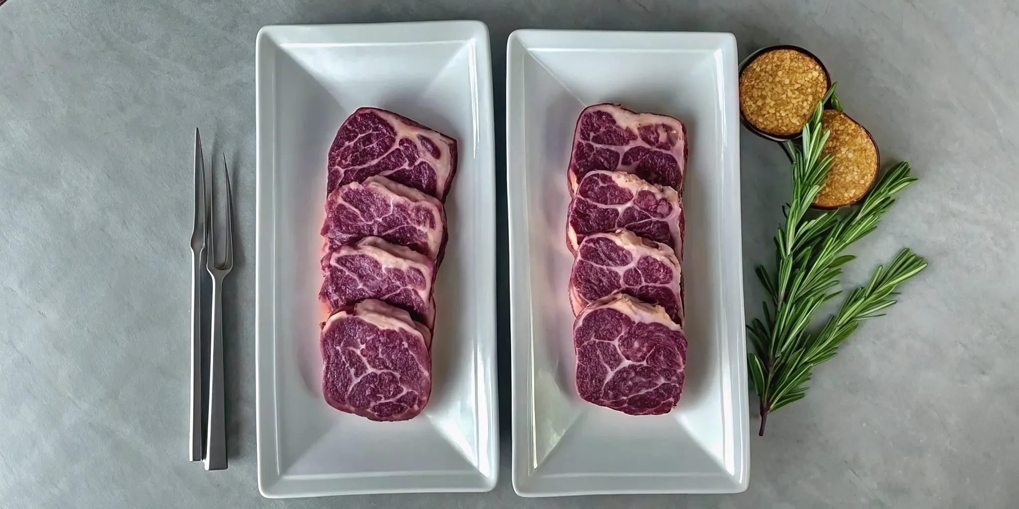 The difference in marbling between a raw Wagyu steak and a regular beef steak.