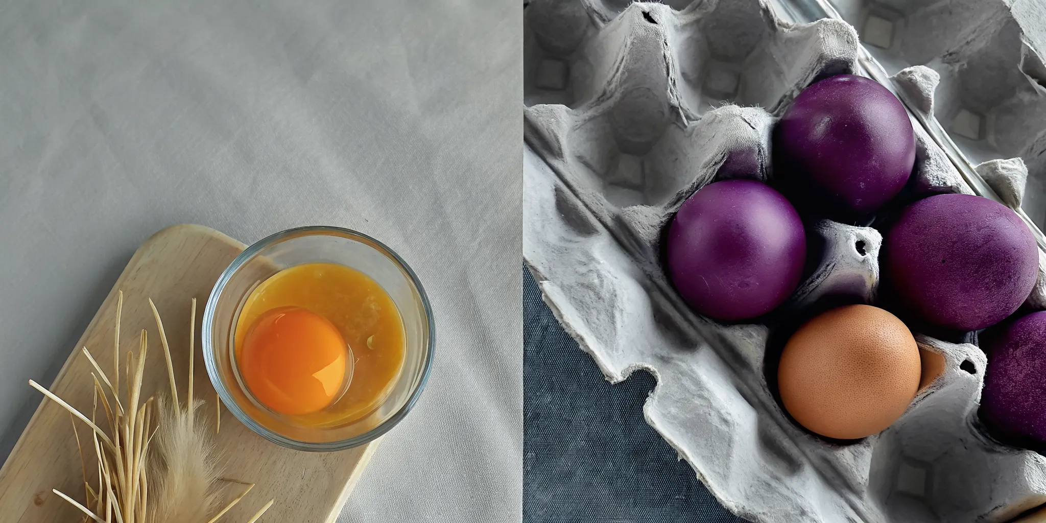 A carton of colorful farm fresh eggs and a cracked egg with a rich golden yolk in a bowl.