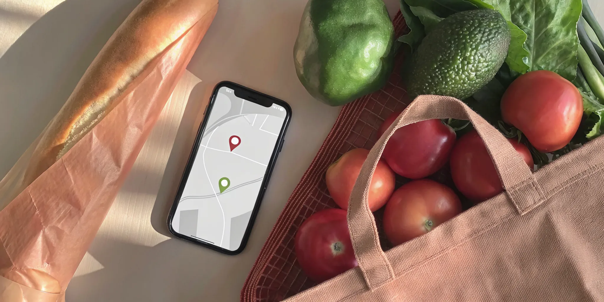 A smartphone app showing local grocery deals on a map next to fresh groceries.