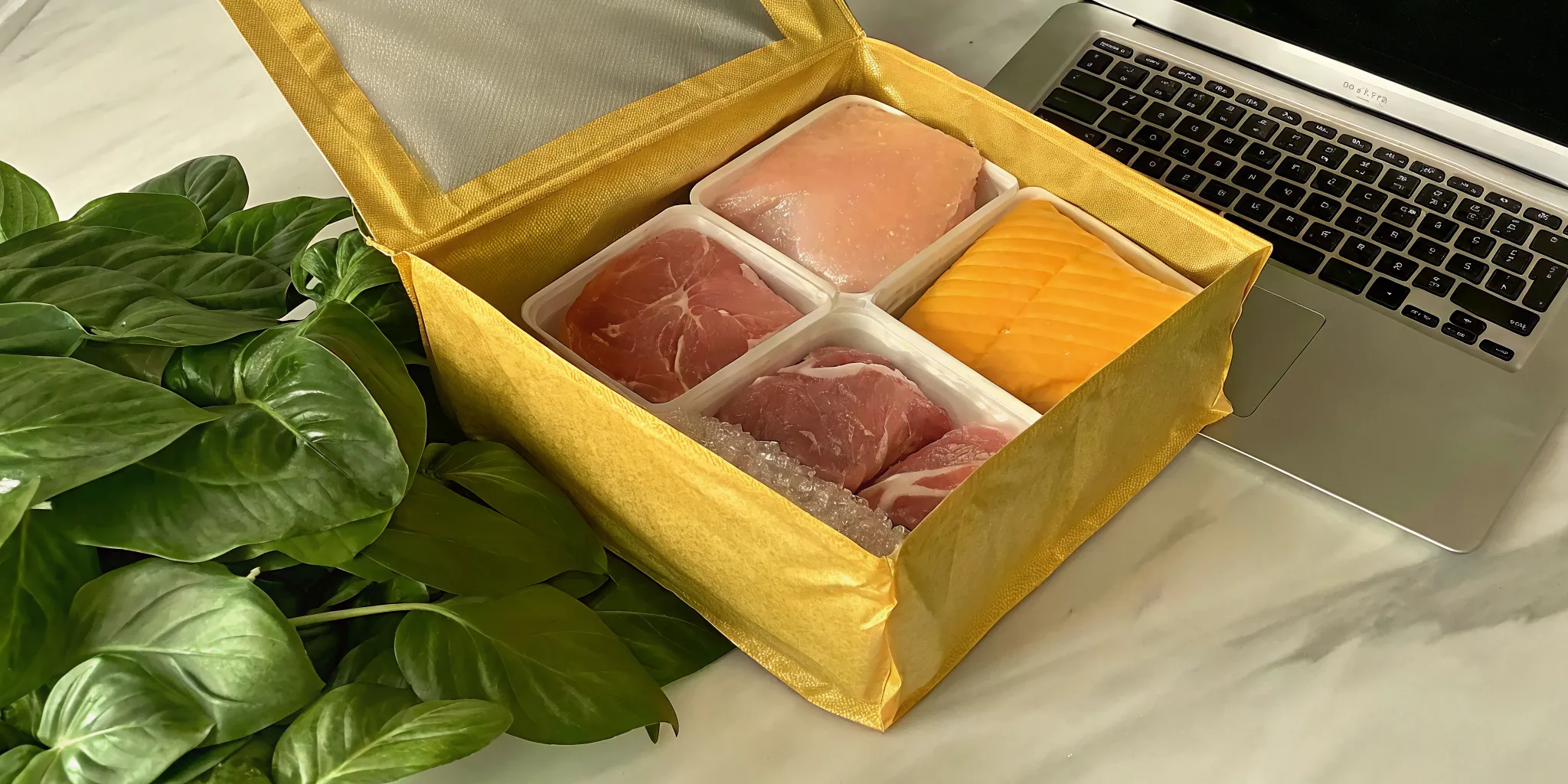 Calculating the cost of a meat delivery subscription with a box of assorted cuts and a laptop.
