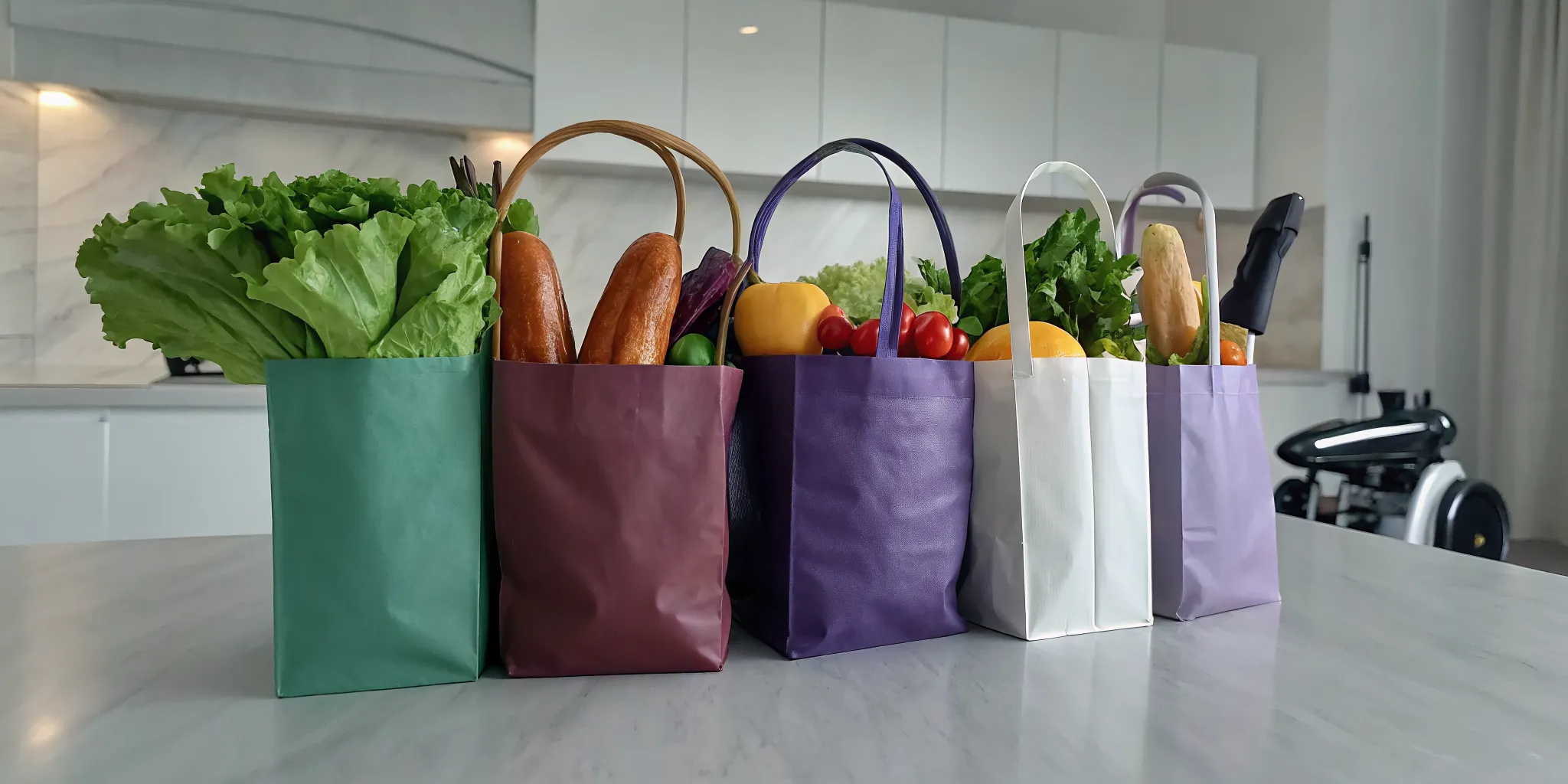 Fresh produce and bread from an online grocery store delivery service on a kitchen counter.