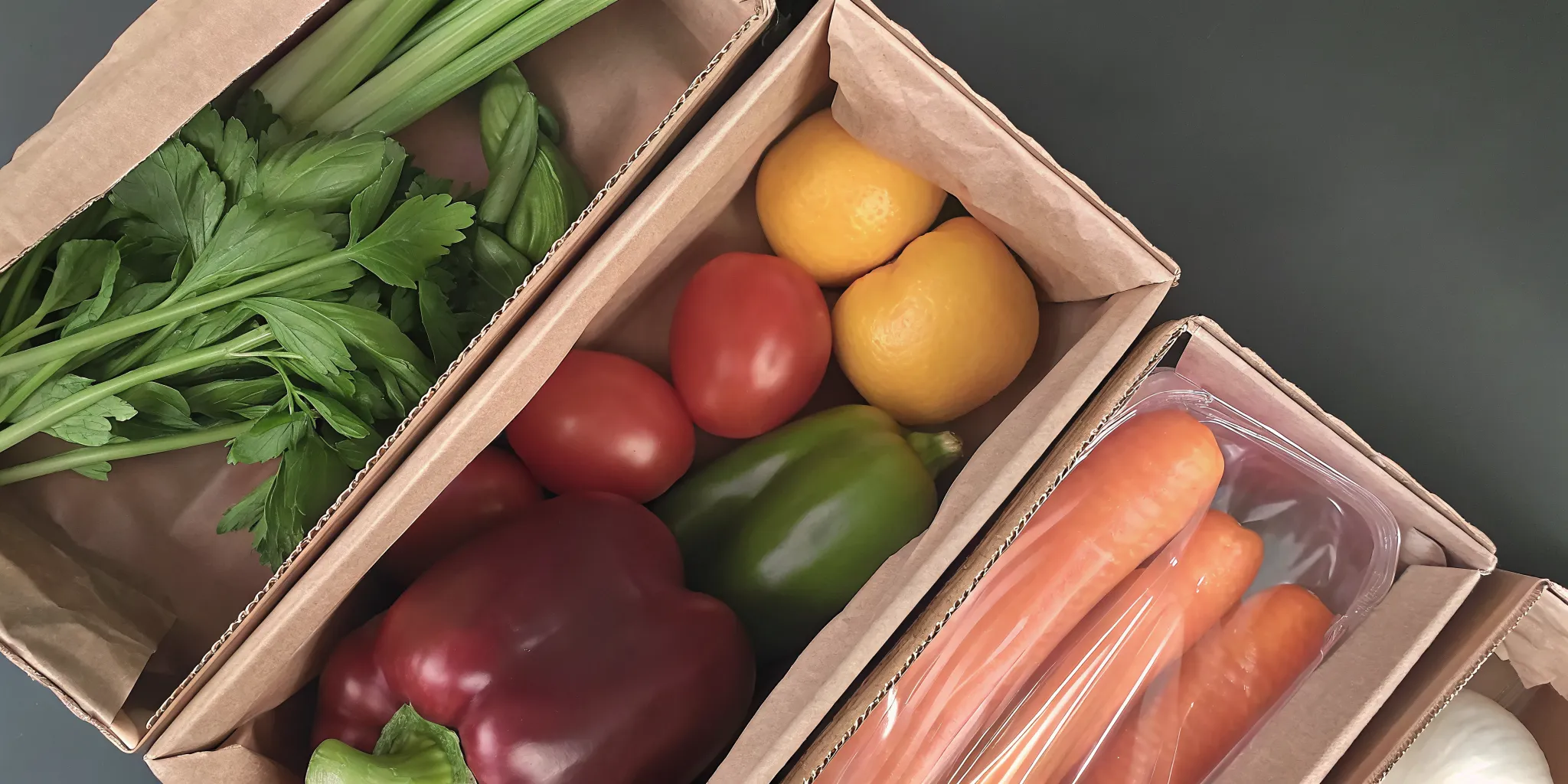 A grocery box filled with fresh produce like carrots, tomatoes, and leafy greens.