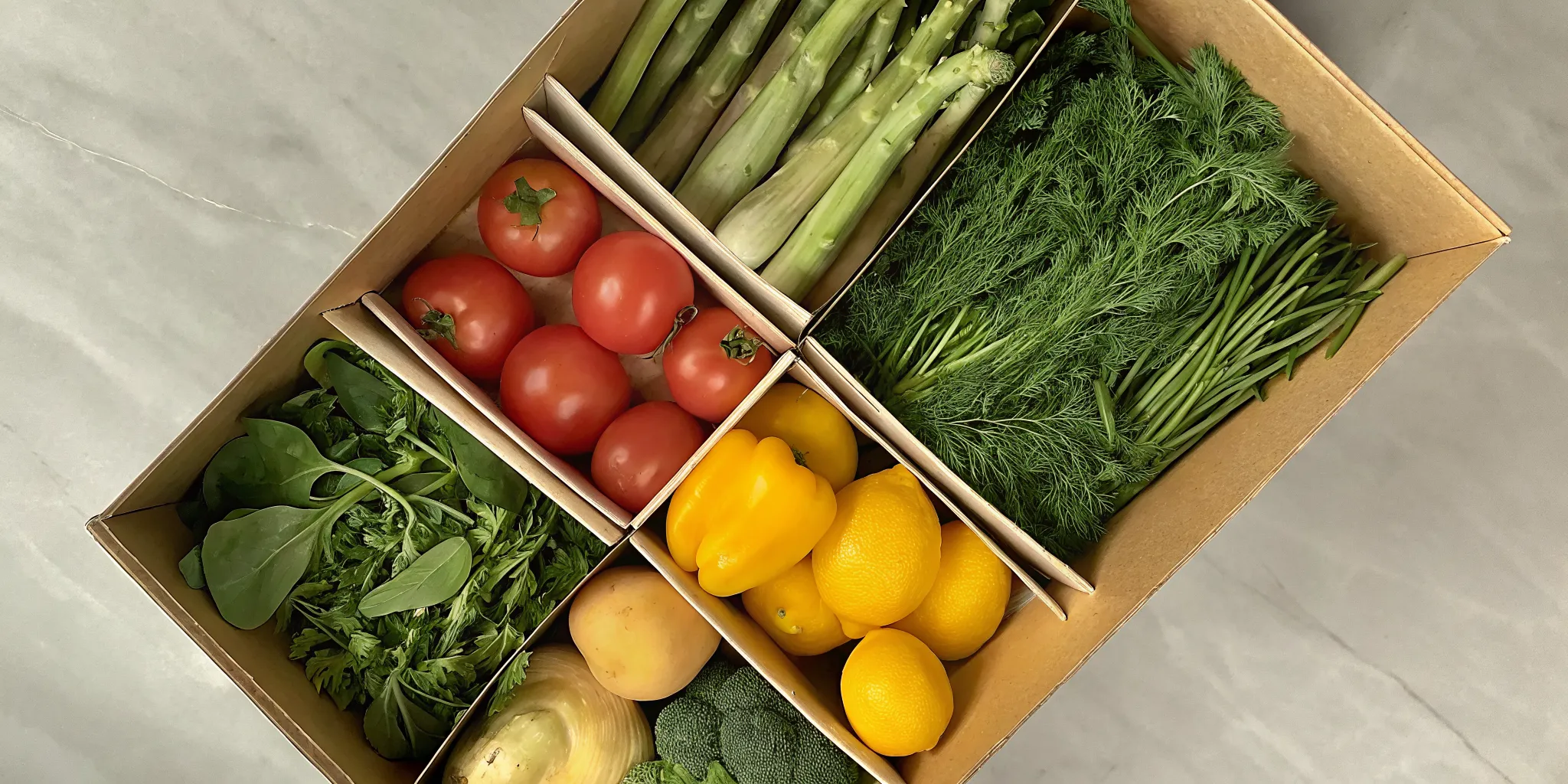 An open ingredient subscription box filled with a variety of fresh vegetables and herbs.