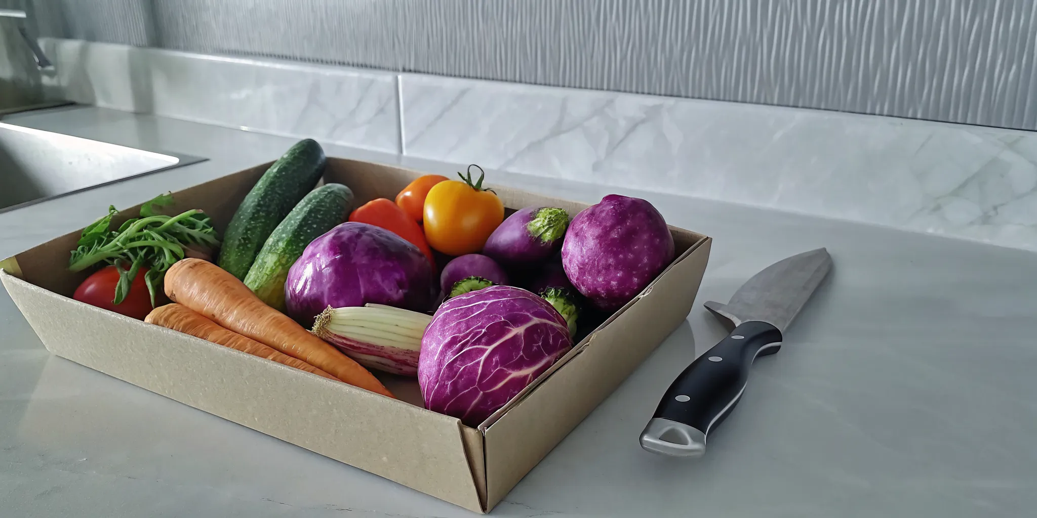 An open funky veg box displaying an assortment of fresh, rescued produce.