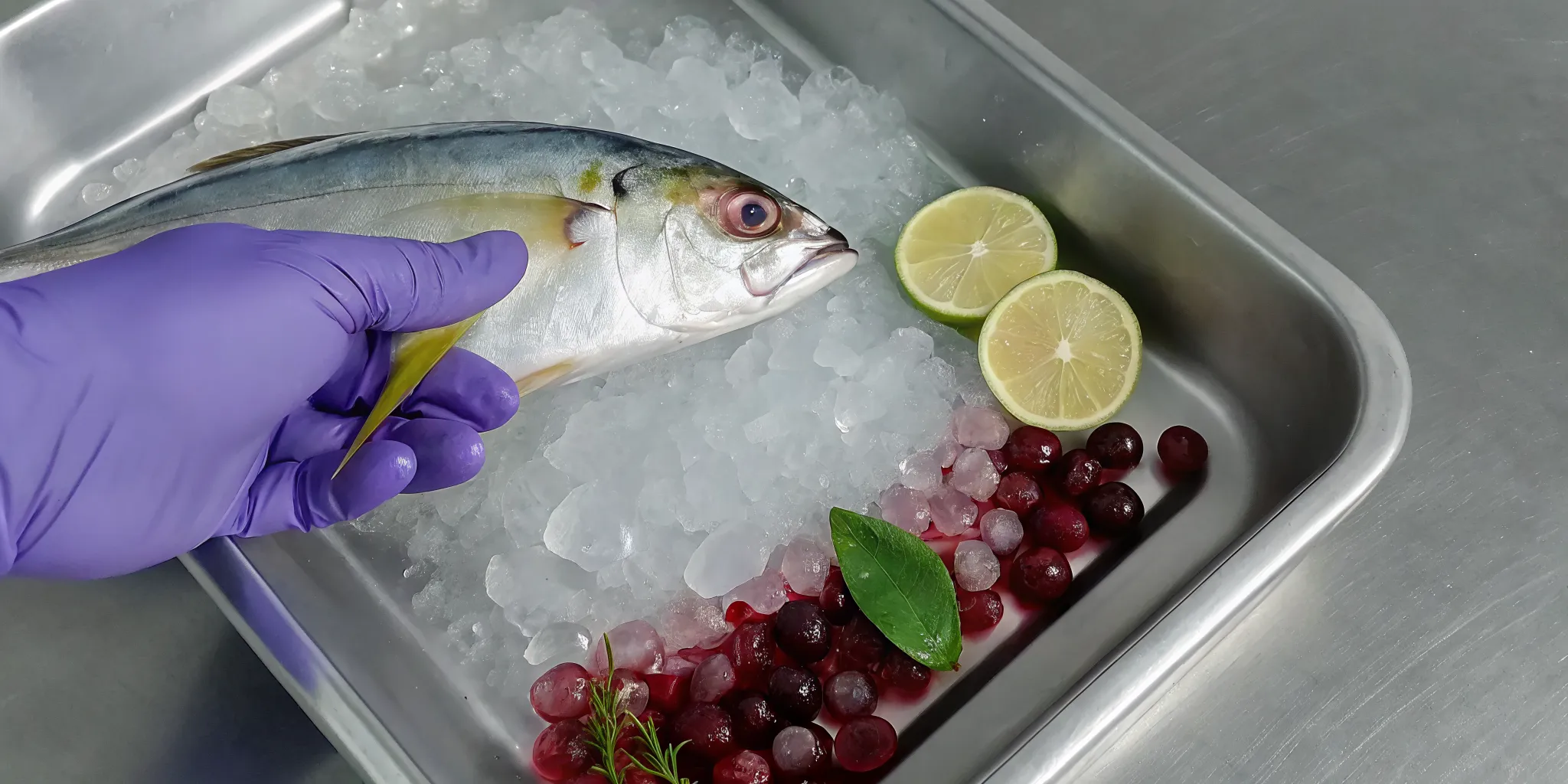 A whole fresh fish with bright, clear eyes on a bed of ice with lime slices.