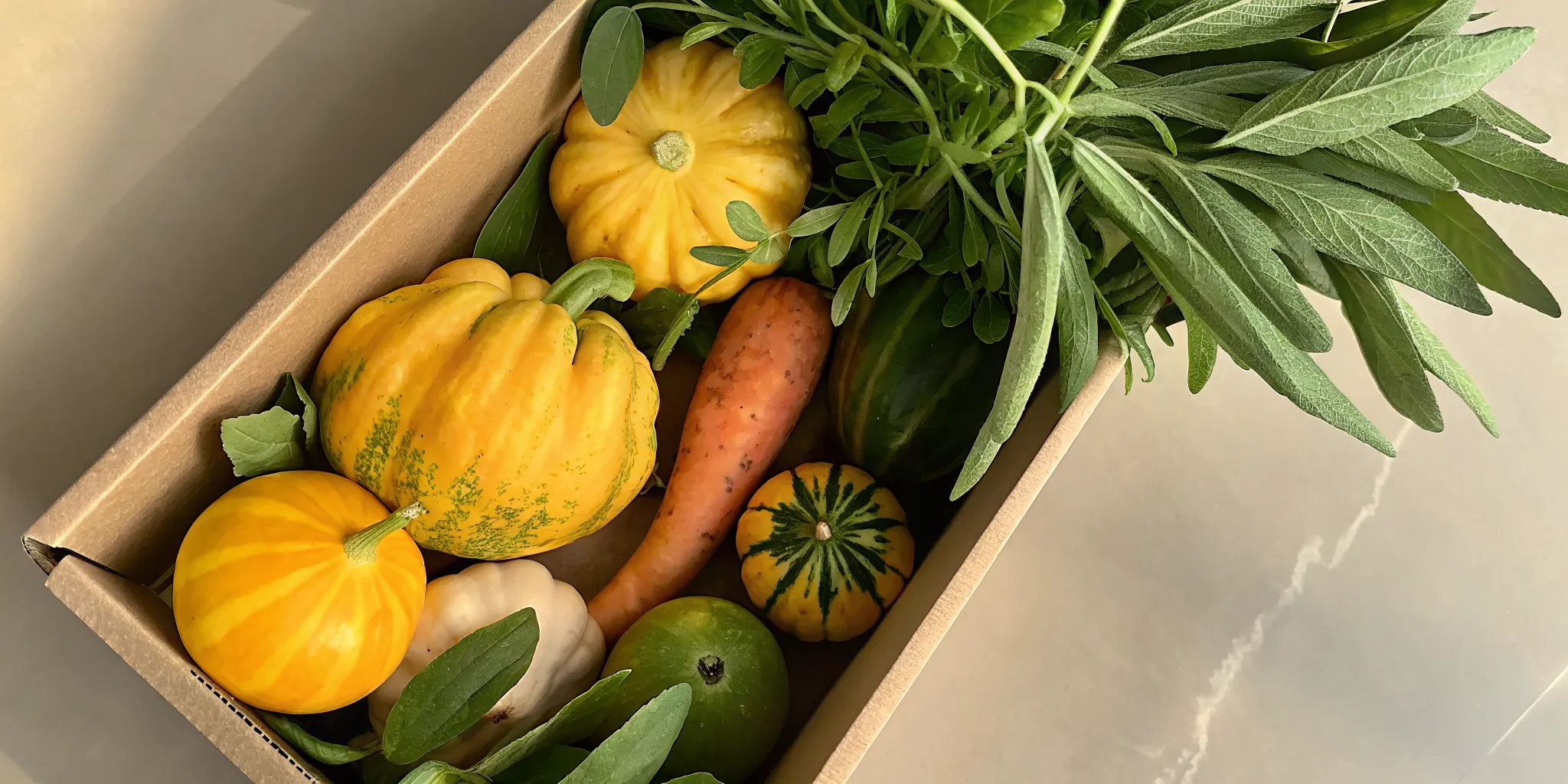 Local pumpkin produce box with seasonal squash, carrots, and other fresh produce.