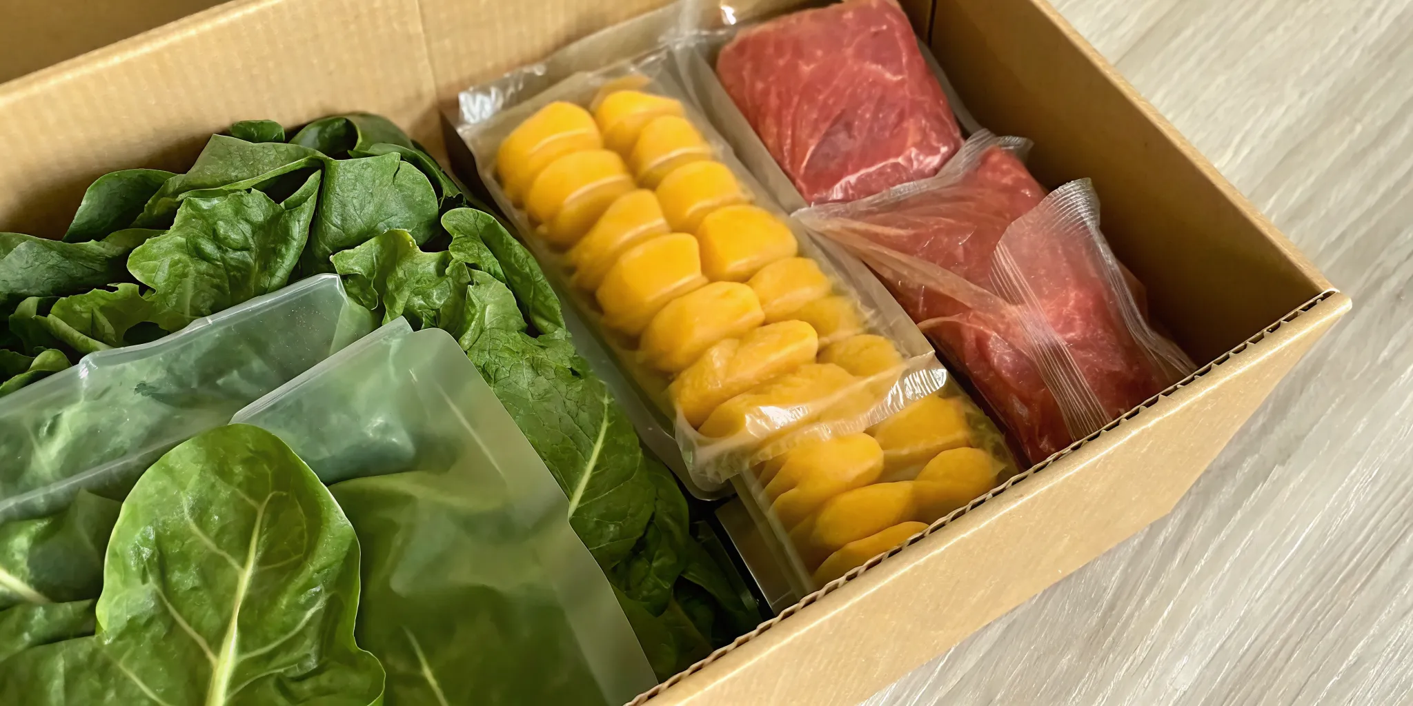A box from an affordable meat delivery service with fresh cuts of beef and vegetables.