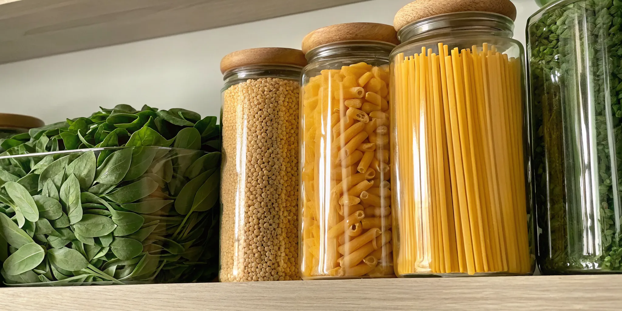 Clear jars of pasta, grains, and leafy greens on a shelf in a well-stocked pantry.